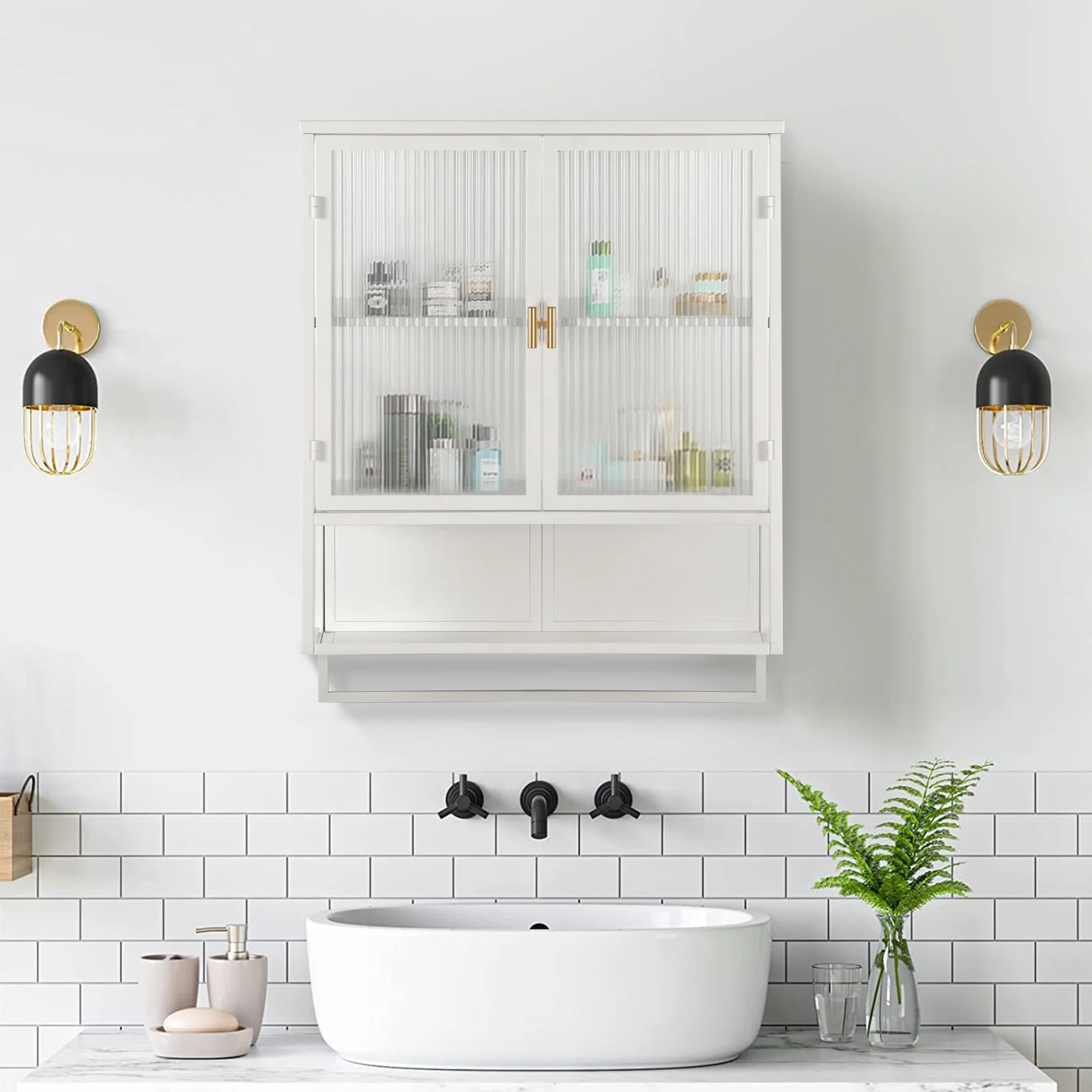 Two-door Wall Cabinet, Modern Kitchen Wall Mounted Cabinet with 2 Glass Doors, Two-tier Enclosed Storage, an Open Shelf, Towel Rack, Metal Wall Cabinet for Entryway, Living Room, Bathroom, White - Image 11