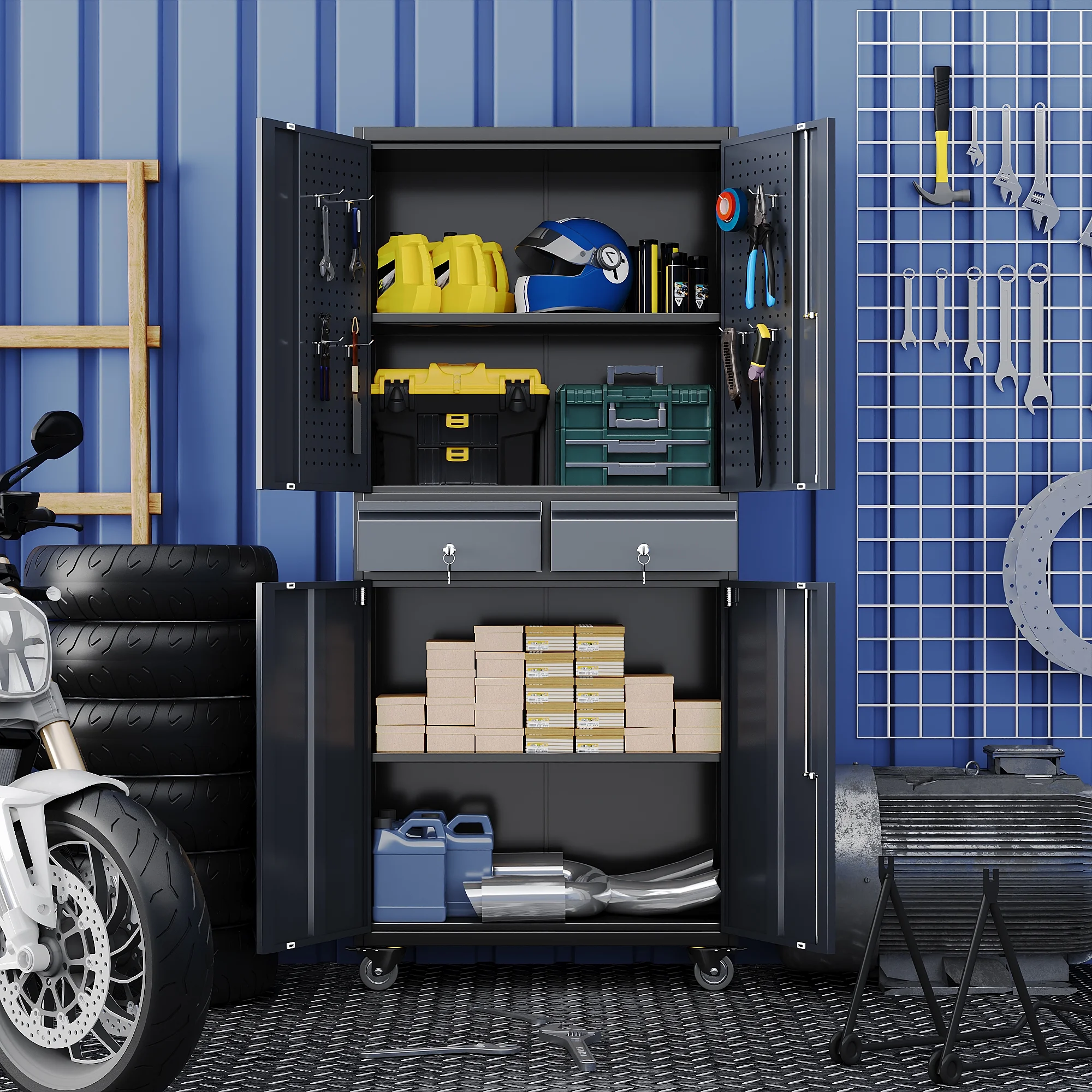 GangMei 71 Inches Tall Metal Garage Storage Cabinets with 5 Adjustable Shelves & Pegboards, Lockable Steel Black Storage Cabinet with Doors for Office, Home, School, Shops, Garage, Assembly required - Image 58
