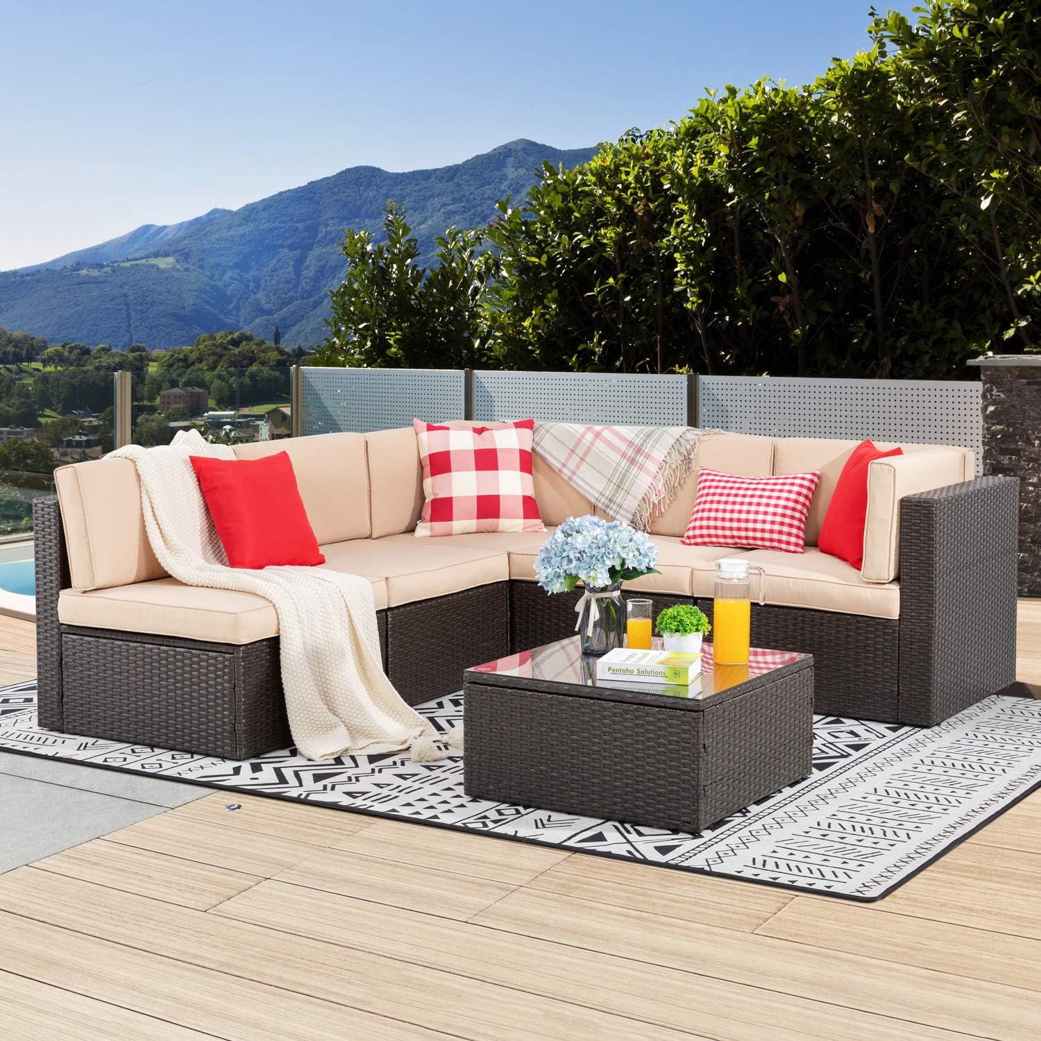 5-Piece All-Weather Patio Furniture Set with Ottoman, Outdoor Wicker Conversation Sofa Set with Cushions for Garden, Deck & Backyard - Image 30