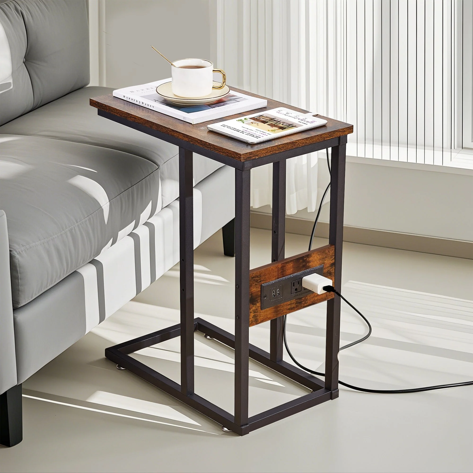 Set of 2 C-Shaped Sofa Side Tables, Small End Tables for Living Room, Bedside and TV Tray - Image 60