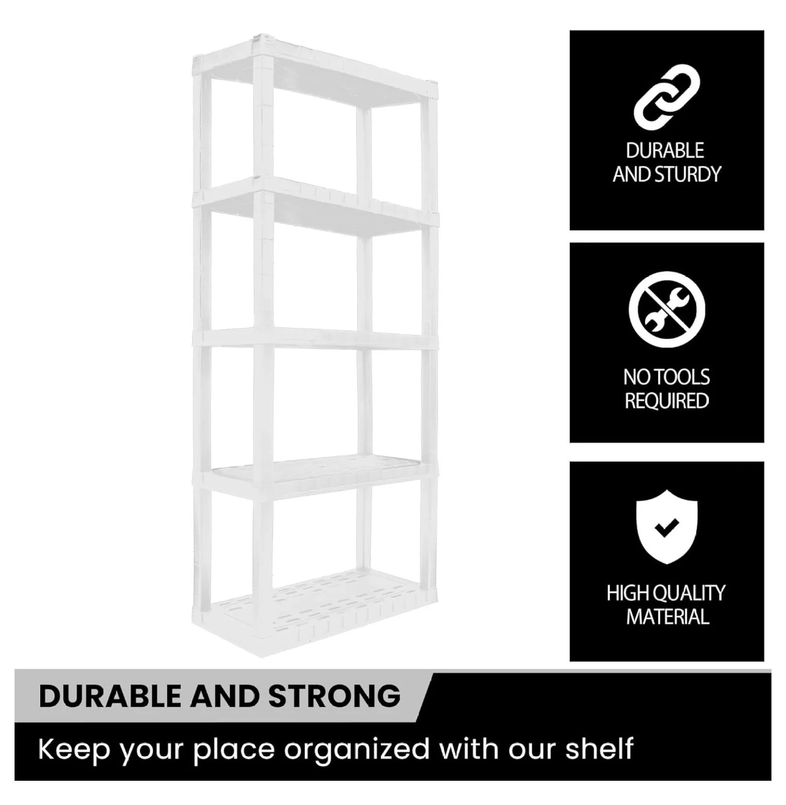 Oskar 5 Tier Plastic Shelves - Bathroom, Kitchen, Garage Storage - Heavy Duty, Stackable, No Tools, White 5-Tier-Small White - Image 6