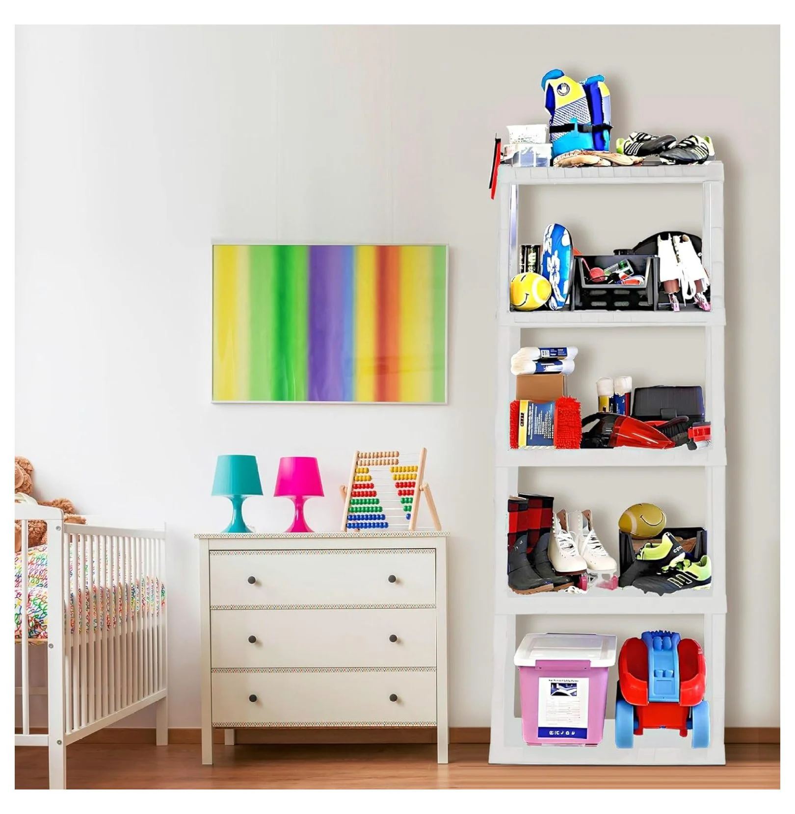 Oskar 5 Tier Plastic Shelves - Bathroom, Kitchen, Garage Storage - Heavy Duty, Stackable, No Tools, White 5-Tier-Small White - Image 2