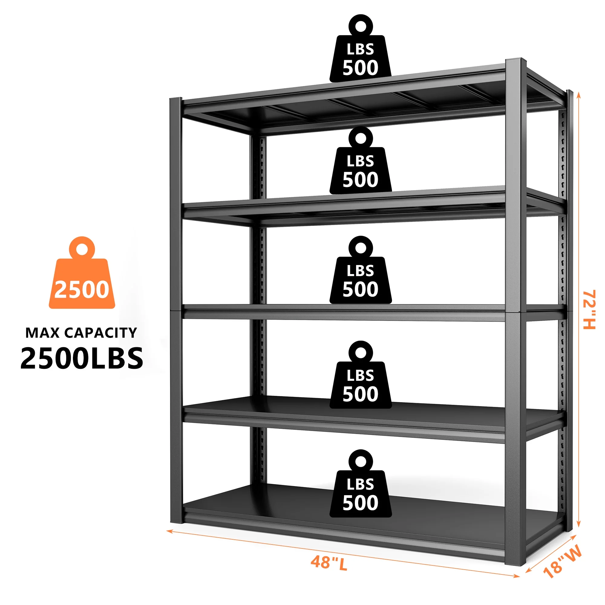 REIBII 48.2"W Garage Shelving Heavy Duty 3000LBS Storage Shelves Adjustable 5 Tier Metal Shelving,48.2''L X 24.5''W X 72''H - Image 27