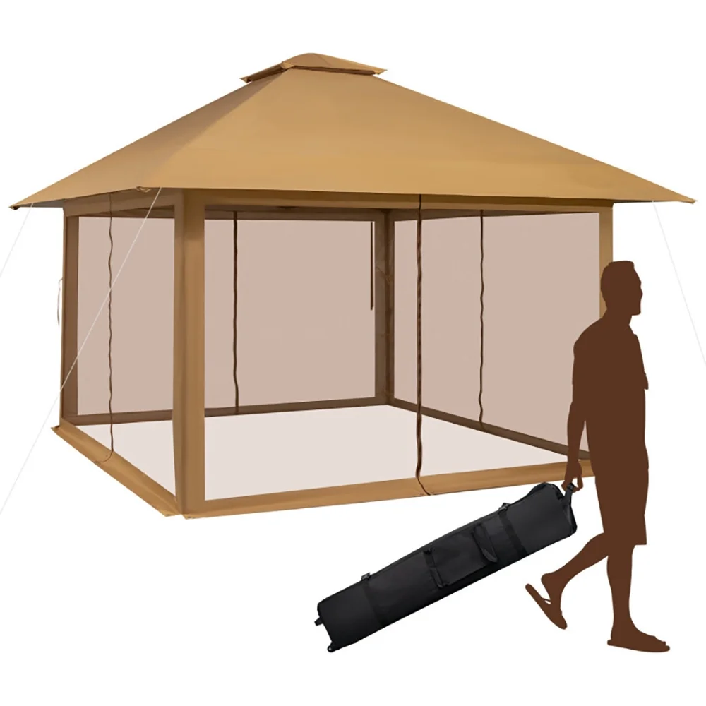 Yardi Yard 13 x 13 Feet Pop-up Instant Canopy Tent with Mesh Sidewall-Coffee, Roof Hardtop Galvanized Steel Top Canopy, Patio Heavy Duty Gazebo for Deck, Backyard - Image 2