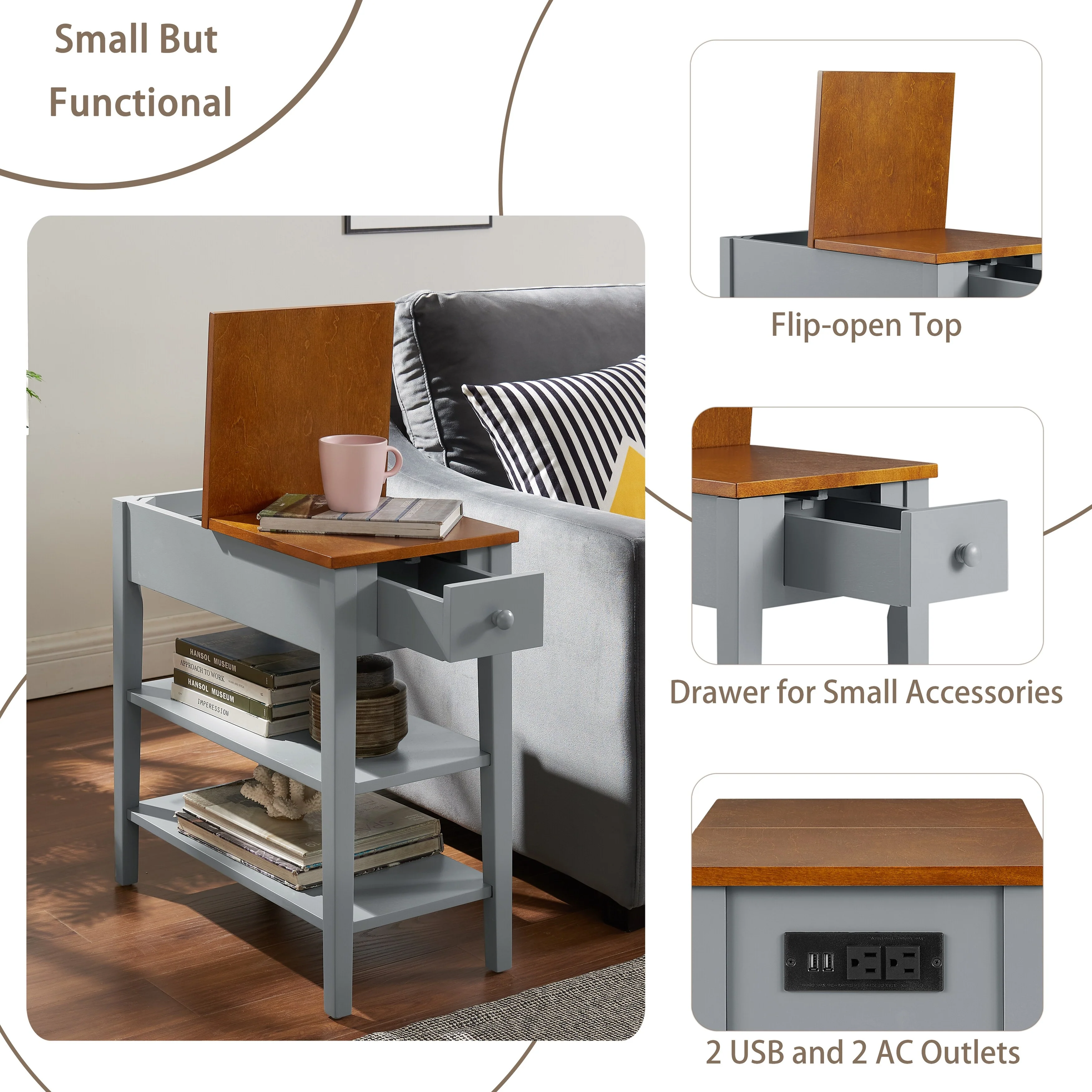 Narrow 2-Tone End Table with USB Charging Ports, Small Space Side Table - Image 3