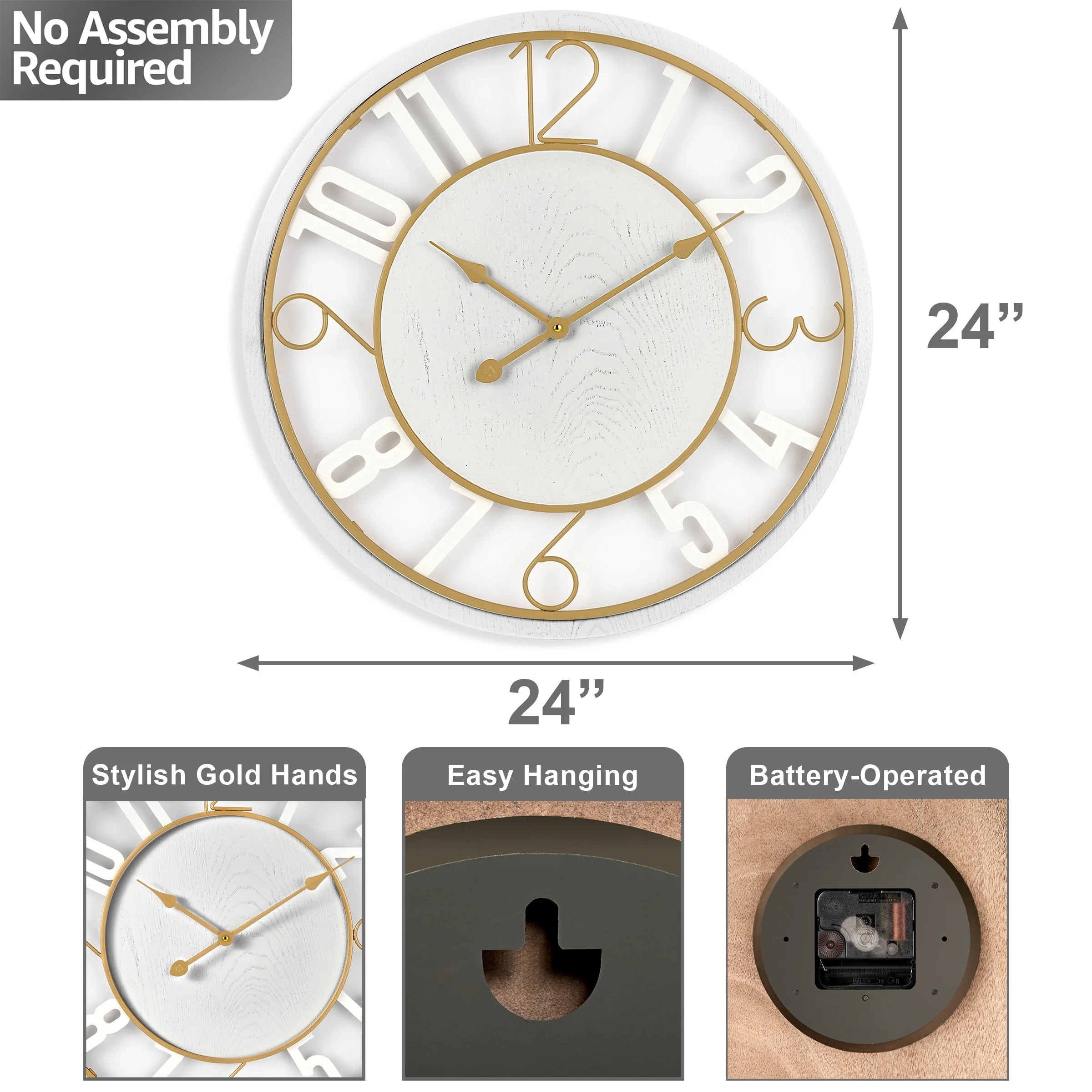 24 Inch Round Wooden Wall Clock, Modern Analog Clock with Numeral Design, Battery Operated - Image 9