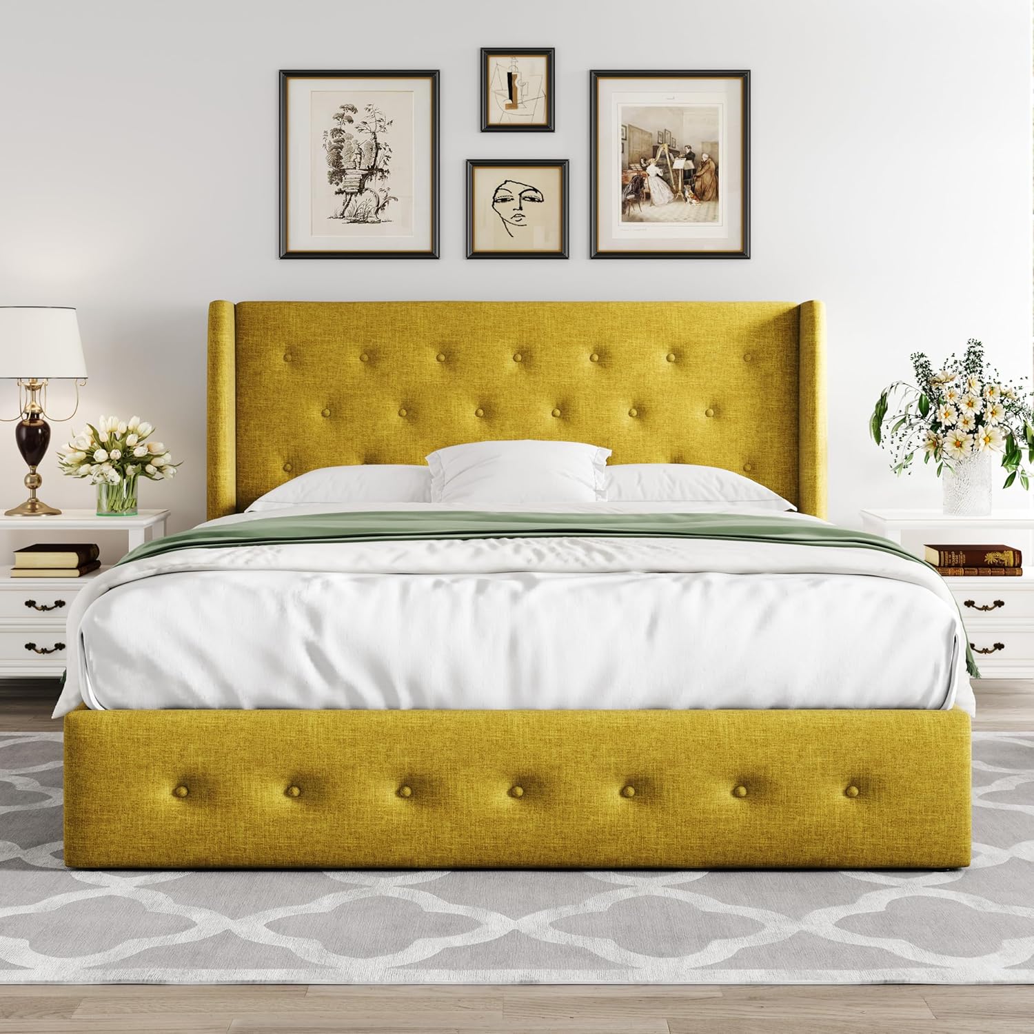 Queen Size Lift Up Storage Bed with Wingback Headboard, Upholstered Platform Bed Frame with Hidden Storage - Image 90