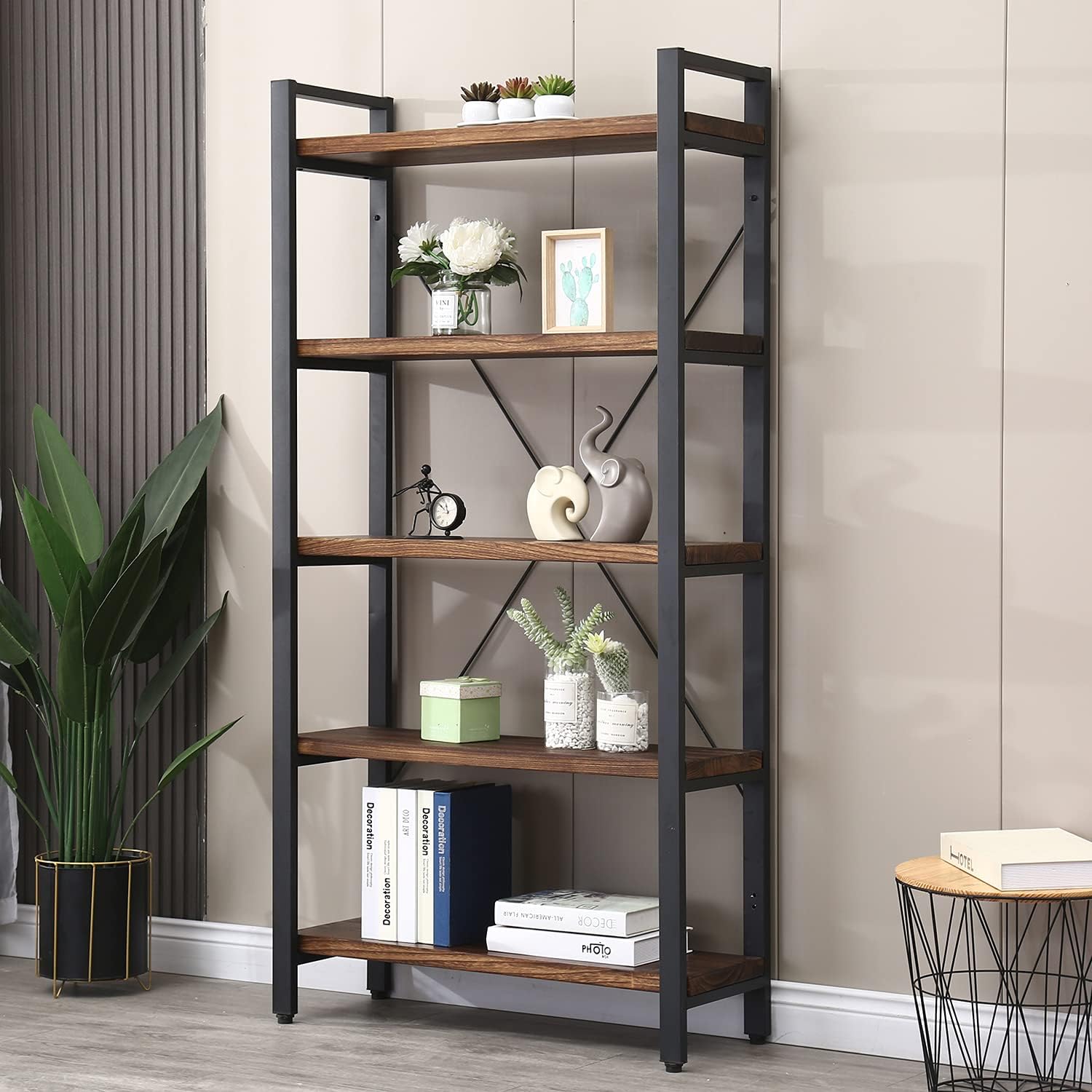 5-Tier Bookcase, Rustic Vintage Industrial Etagere Bookshelf, Solid Wood & Metal Freestanding Bookcase, Retro Brown - Image 2