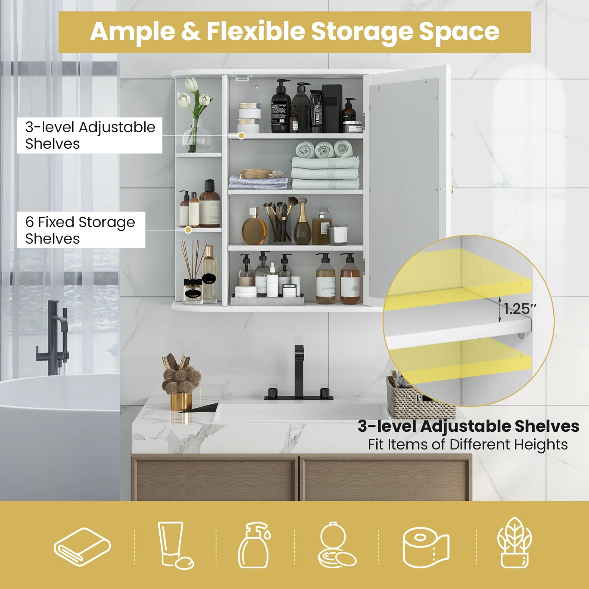Gymax Bathroom White finish Multipurpose Mount Wall Surface Storage Cabinet Mirror - Image 8