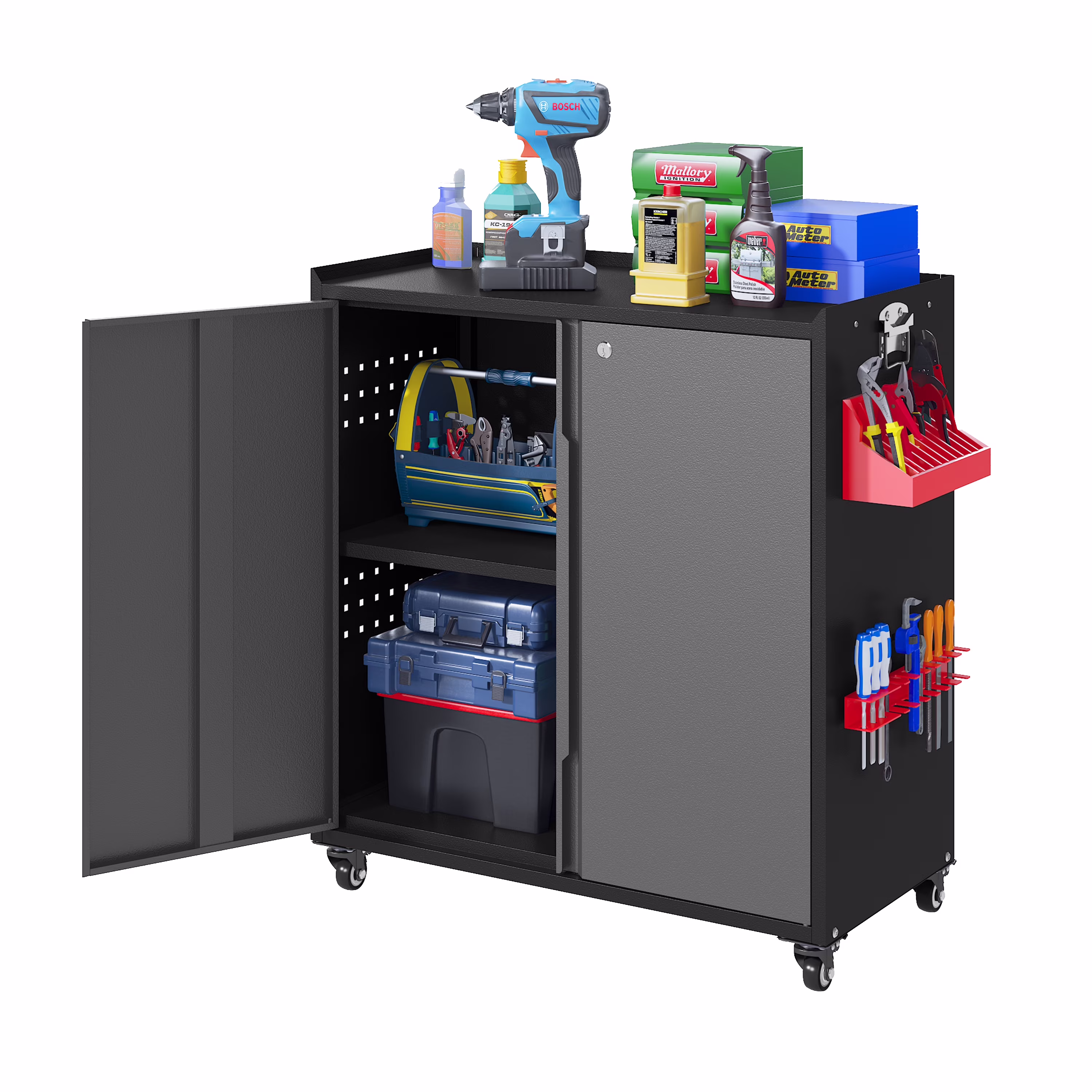 Metal Storage Cabinet with Wheels,Tool Storage Cabinet with Doors and Shelves Adjustable,Heavy Duty Garage Storage Cabinet,Steel Locking Storage Cabinet for Garage/Warehouse/Office/School/Home-Black - Image 5