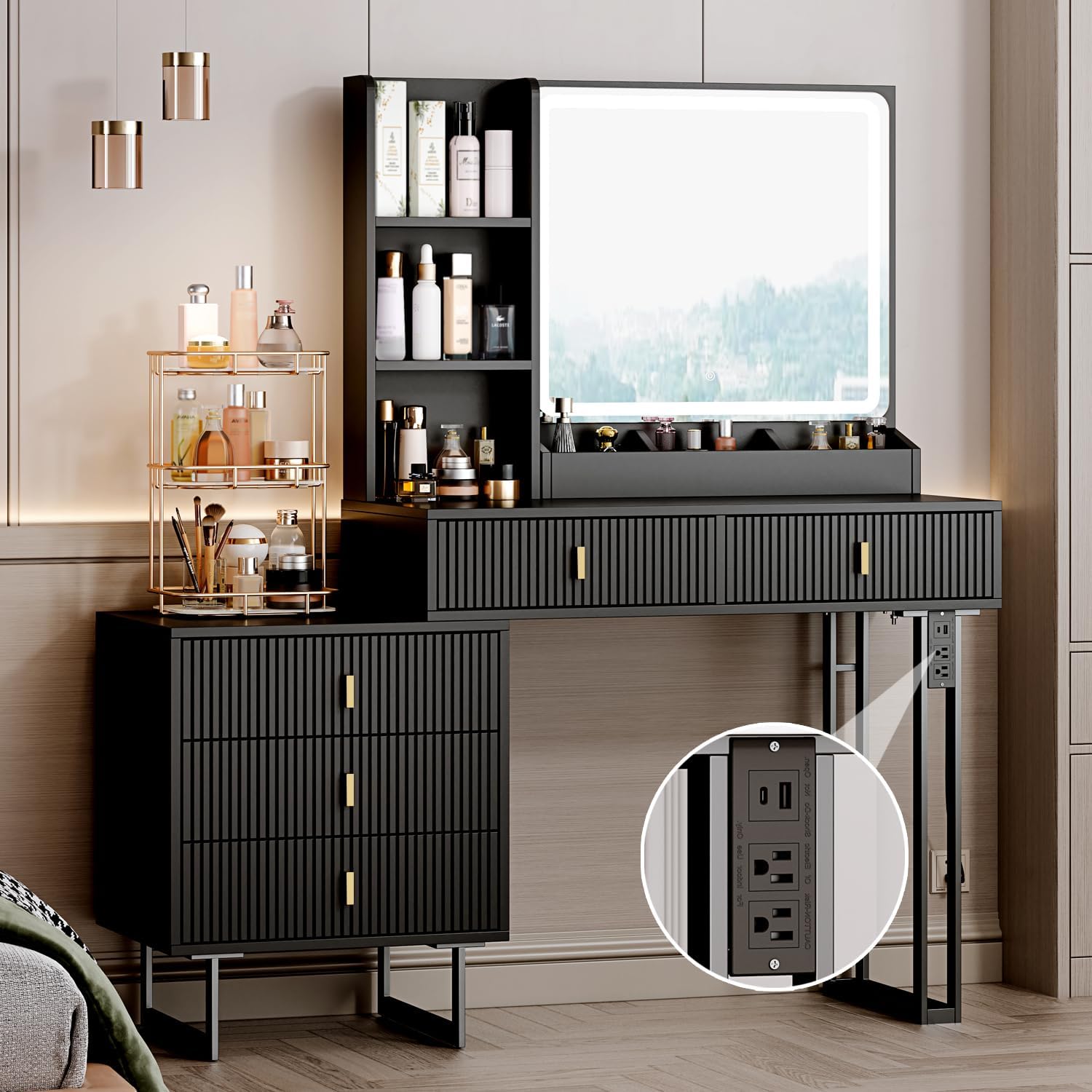 Large Vanity Desk with 3 Color Touch Screen Dimming Mirror, Vanity Desk with Charging Station, Modern Retractable Makeup Dressing Table, Vanity Table With storage shelves and 5 Sliding Drawers, White - Image 2