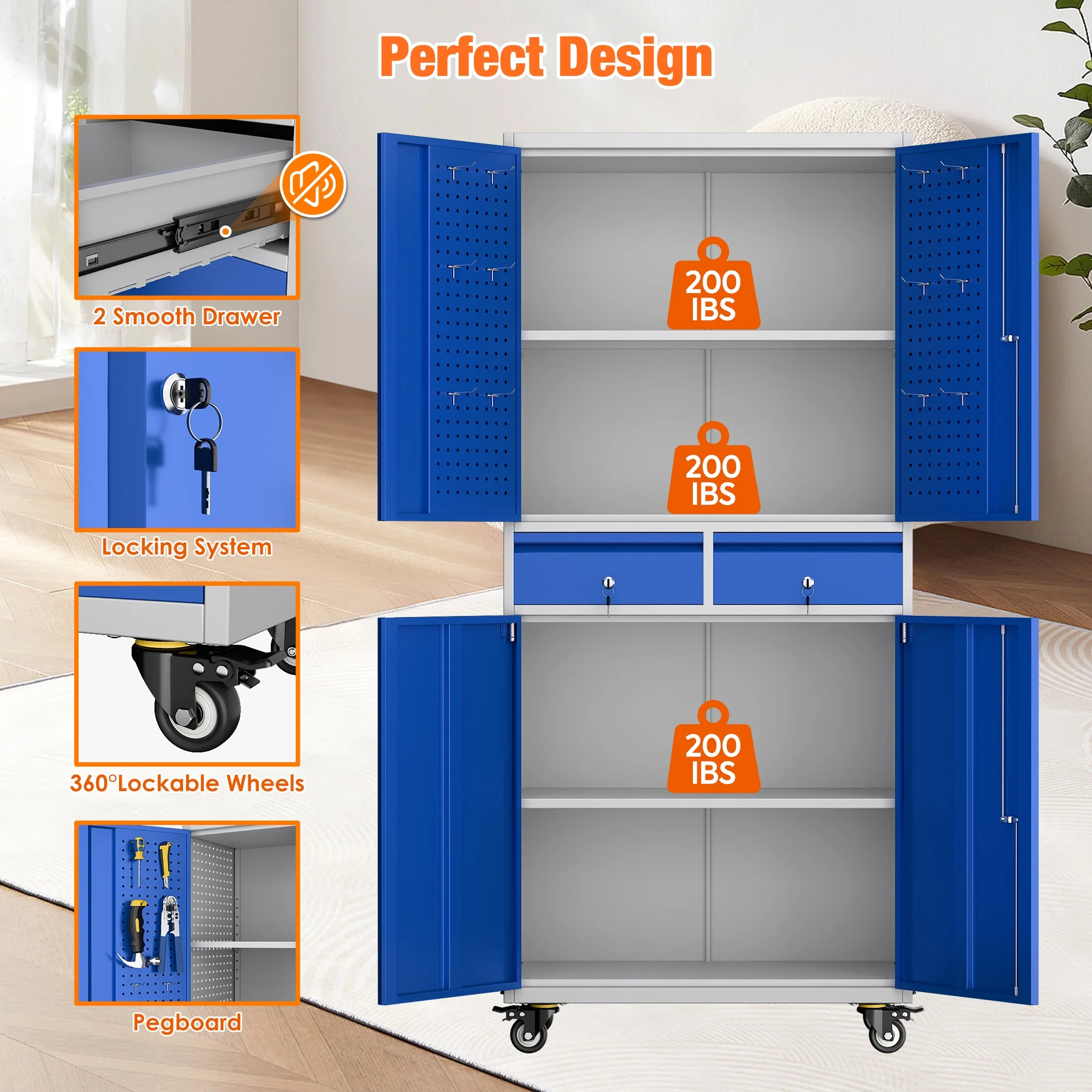 SUPEER 71" Metal Storage Cabinets with Wheels and Pegboards, Industrial Cabinet with 2 Drawers and 2 Adjustable Shelves,, Assembly Required - Image 65
