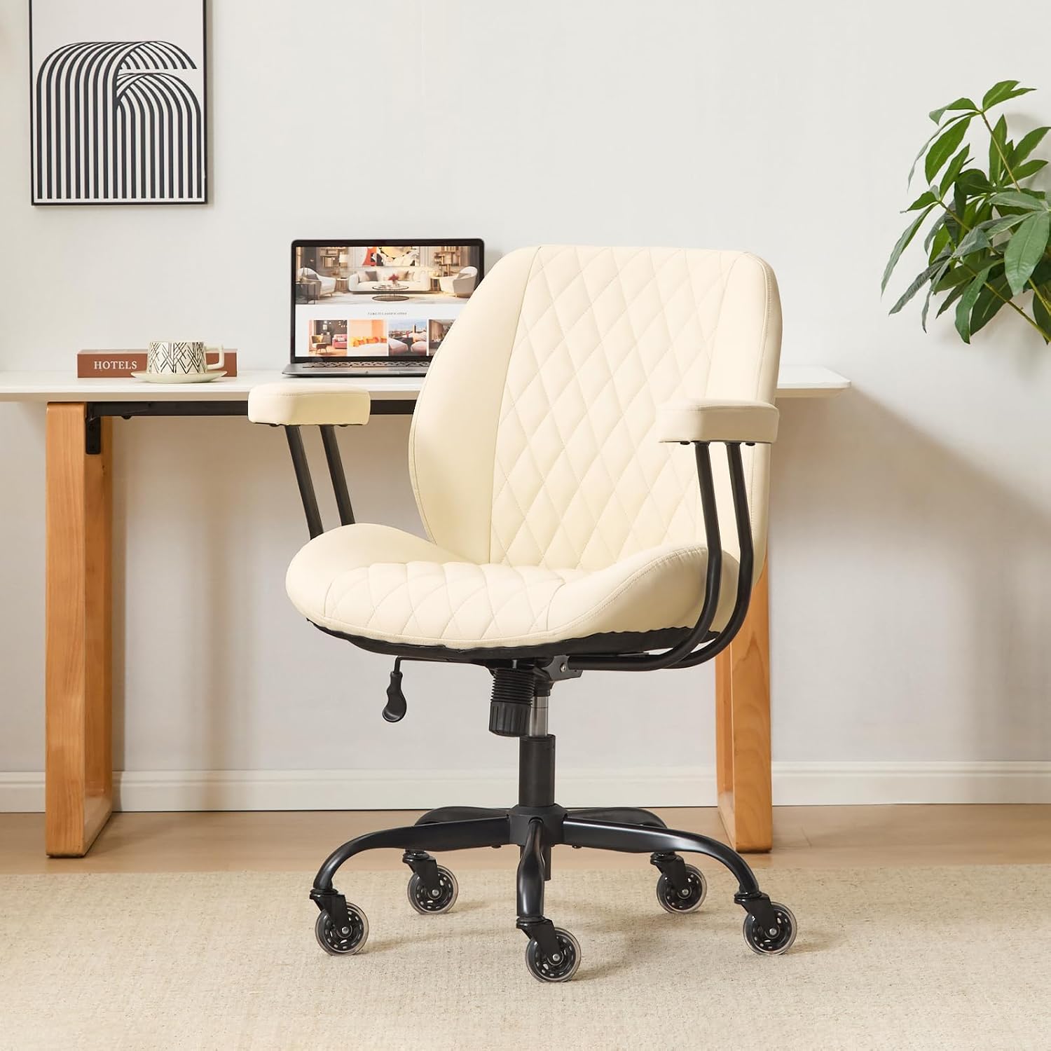 Home Office Desk Chair with Rubber Casters, Ergonomic Computer Chair with Lumbar Support, Adjustable Height Rolling Swivel Executive Task Chair with Armrests, Brown Leather - Image 2