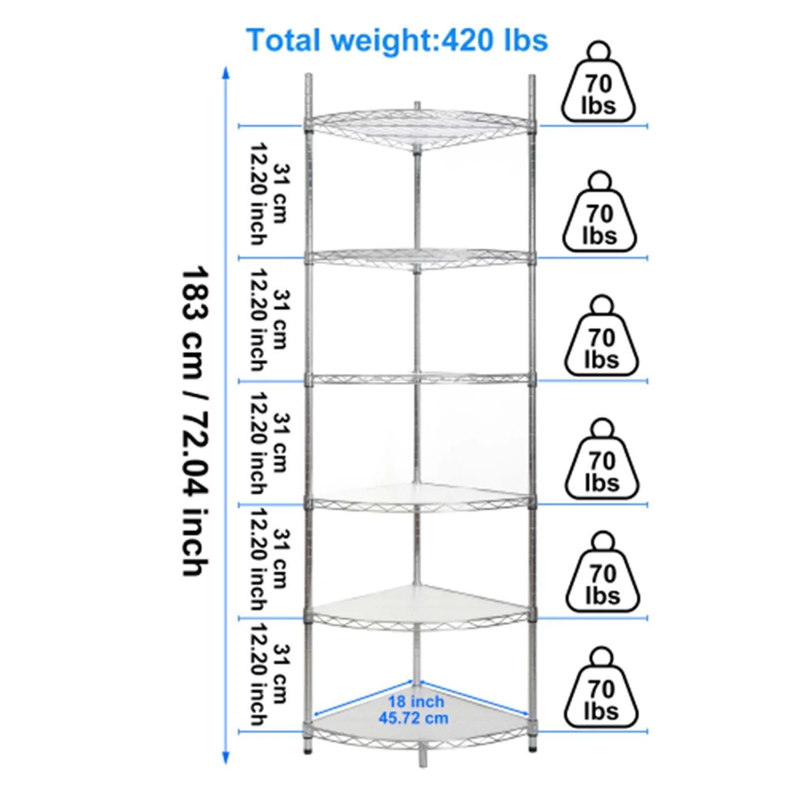 6 Tier Corner Storage Shelves, Wire Shelving Unit, Adjustable Metal Heavy Duty Free Standing Corner Storage Display Chrome Rack for Laundry Bathroom Kitchen Pantry Closet, Chrome - Image 4