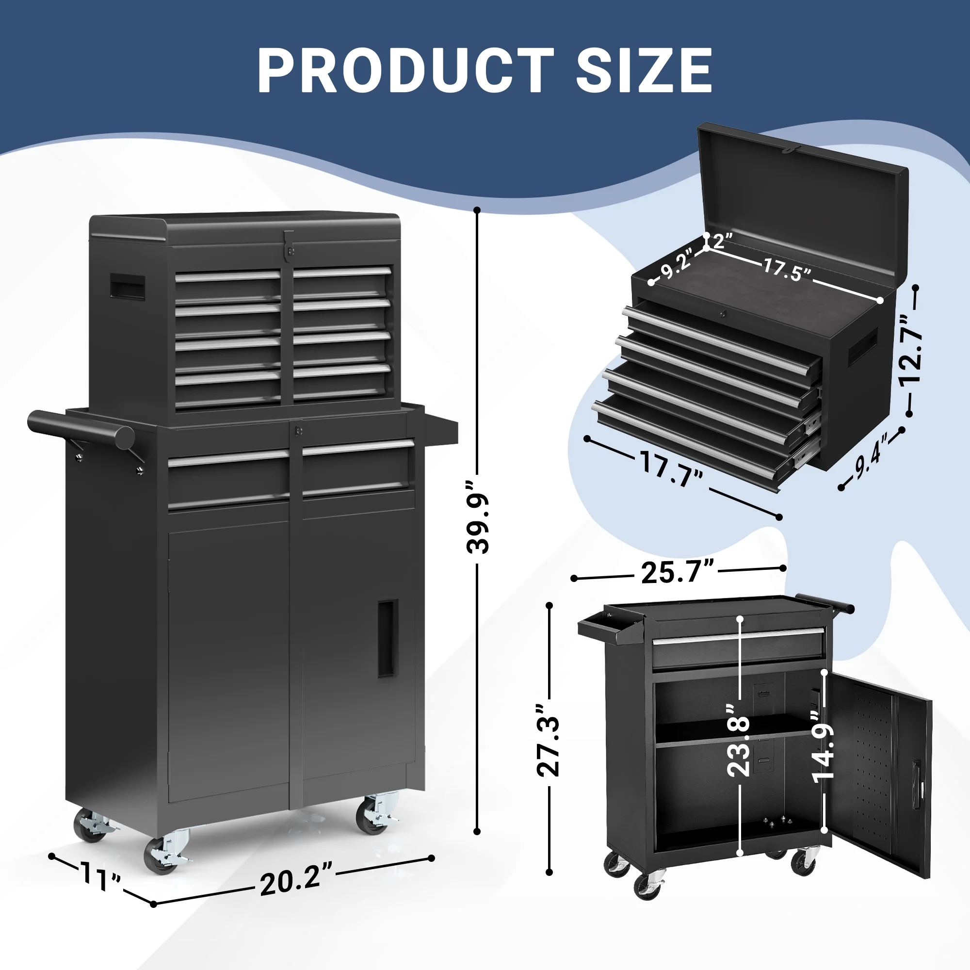 MUCHANT 5-Drawer Rolling Tool Chest, 2-in-1 Tool Box& Cabinet with Wheels, Drawers and Removable Top Tool Box for Garage, Warehouse, Workshop, Repair Shop, Black - Image 5