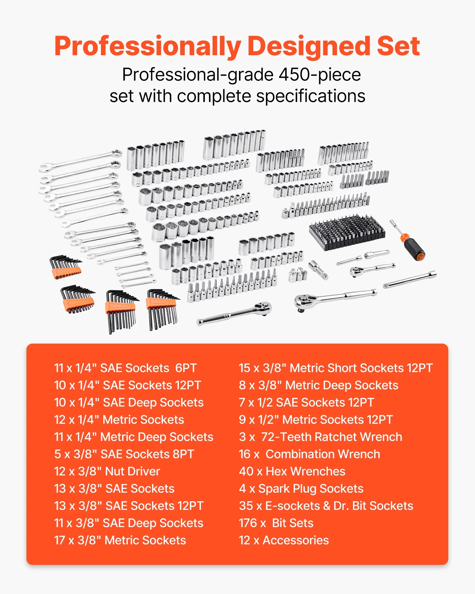 VEVOR Mechanics Tool Set and Socket Set,450 Pcs, 1/4, 3/8 and 1/2 inch Drive Deep and Standard Sockets, SAE Metric Mechanic Tool Kit with Bits, Wrenches, Accessories, Storage Case with Orange Drawer - Image 3