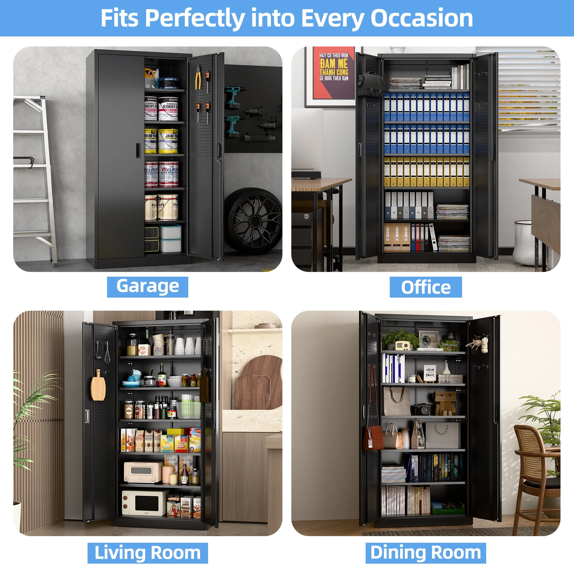 GAEANET 2 Door Metal Storage Cabinet with 5 Adjustable Shelves &Pegboard, 71" H-32" W-16" D Locking Steel Garage Cabinet, for Garage,Office,Home,Gym,School, File Cabinet,Assembly Required, Black - Image 60