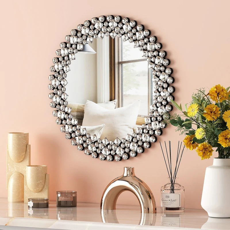 Modern Round Wall Mirror, Crystal Accent Decorative Mirror for Living Room, Bedroom and Entryway - Image 3