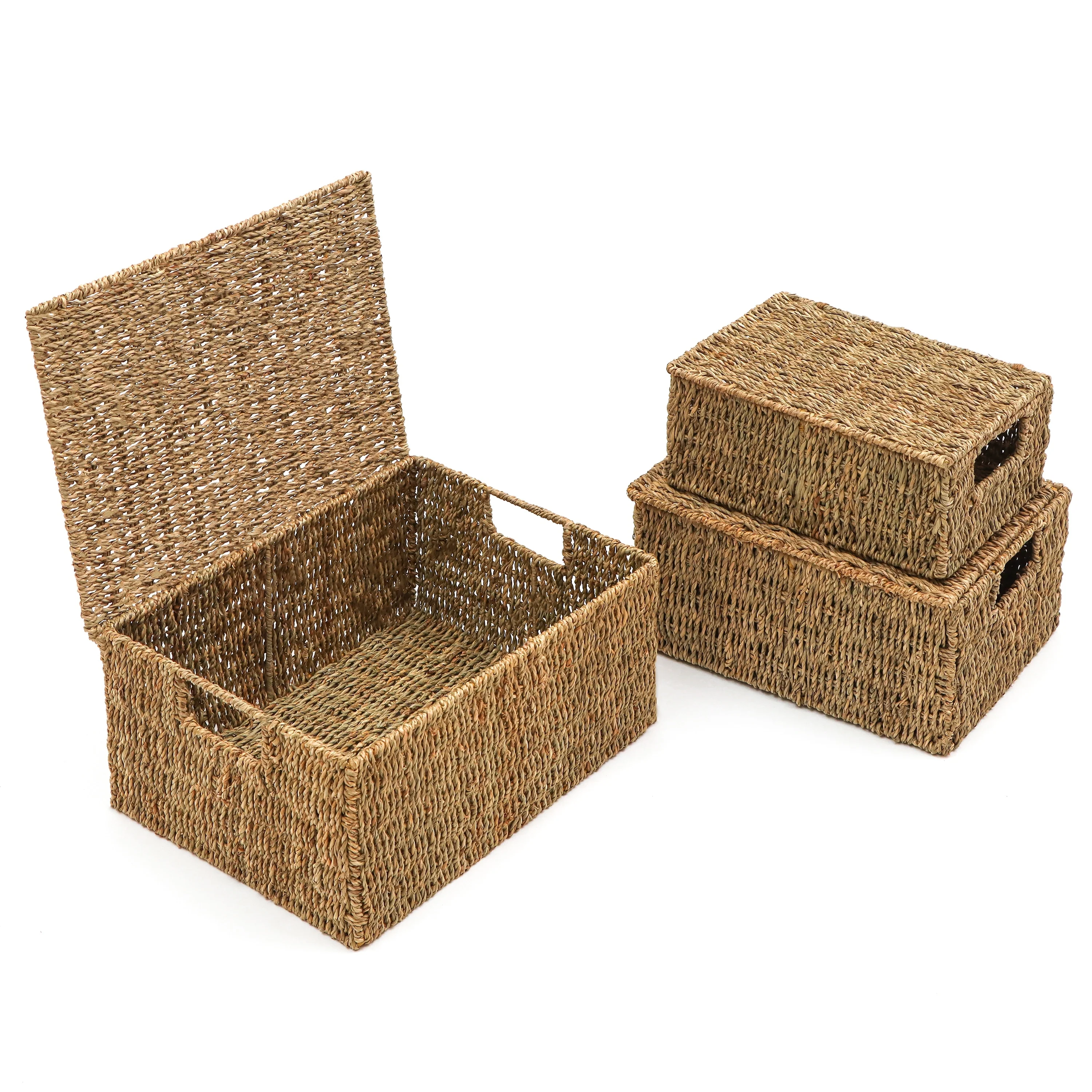 Set of 3 Small Rectangular Seagrass Baskets with Lids, Woven Storage Baskets - Image 6