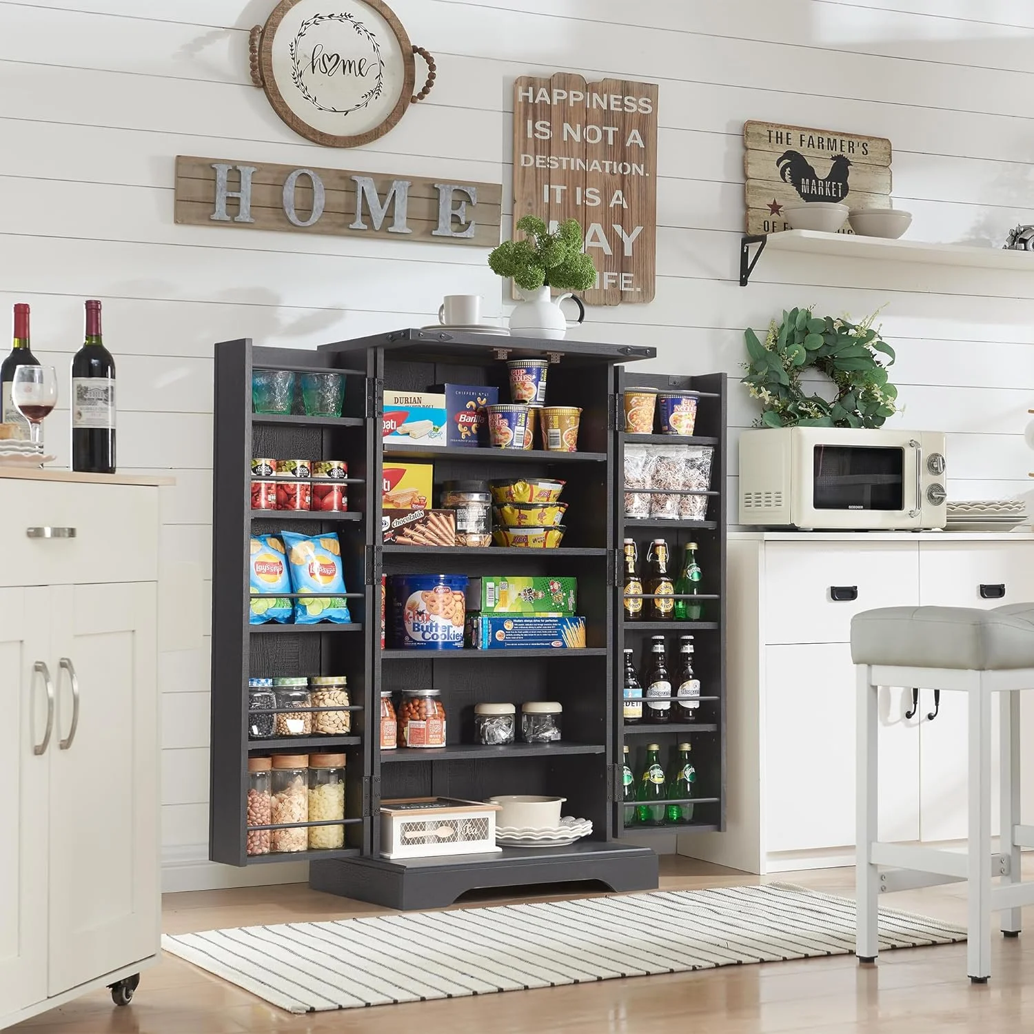 47" Kitchen Pantry, Farmhouse Storage Cabinet with Barn Doors, Organizer and Adjustable Shelves, Rustic Wood Cupboard for Kitchen, Dining Room, Bathroom and Hallway, Black - Image 4