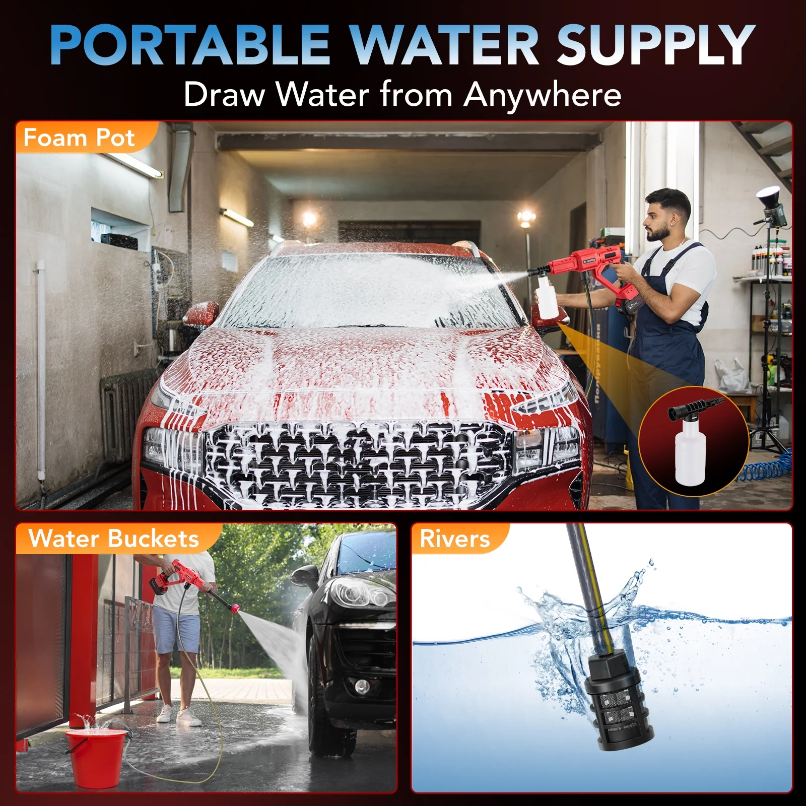 Filluck 1060PSI Cordless Pressure Washer, Portable Handheld High-Pressure Car Washer with 5.0Ah Long-Lasting Battery, 3-Speed Adjustable, 2.8GPM, 6-in-1 Nozzle for Car Cleaning/Garden/Floor - Image 6
