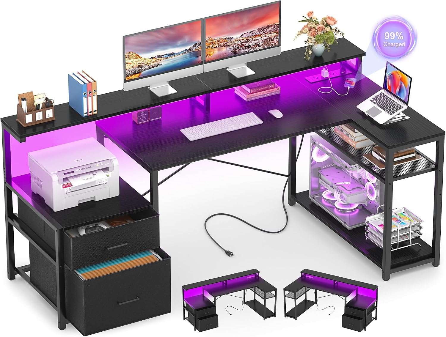 L Shaped Desk with File Drawer, Reversible L Shaped Gaming Desk