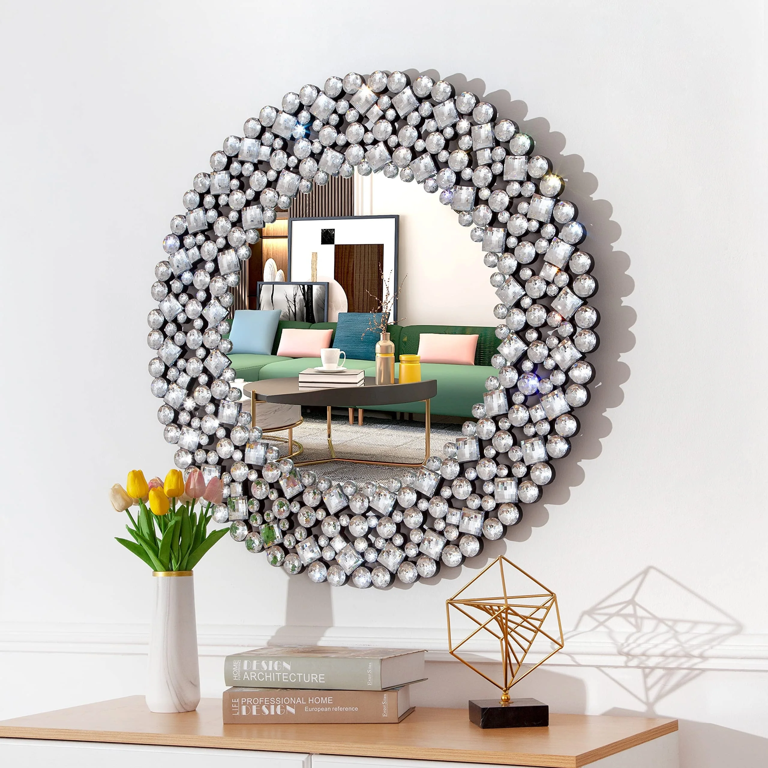 Modern Round Wall Mirror, Crystal Accent Decorative Mirror for Living Room, Bedroom and Entryway - Image 13