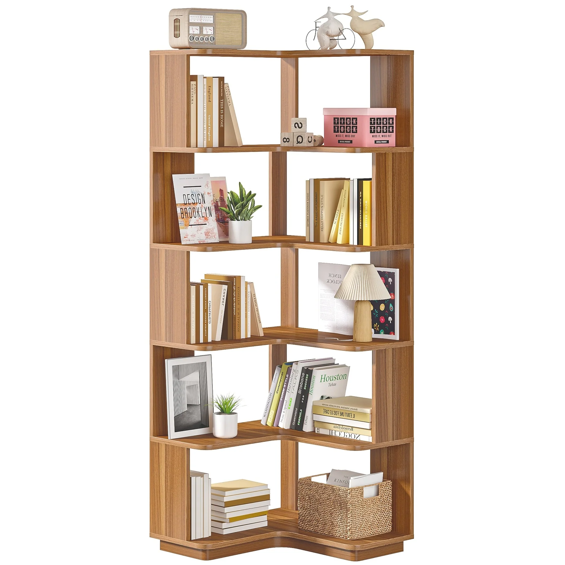 64.9 Inch Tall 6-Tier Corner Bookshelf, Freestanding Wood Industrial Bookcase - Image 20