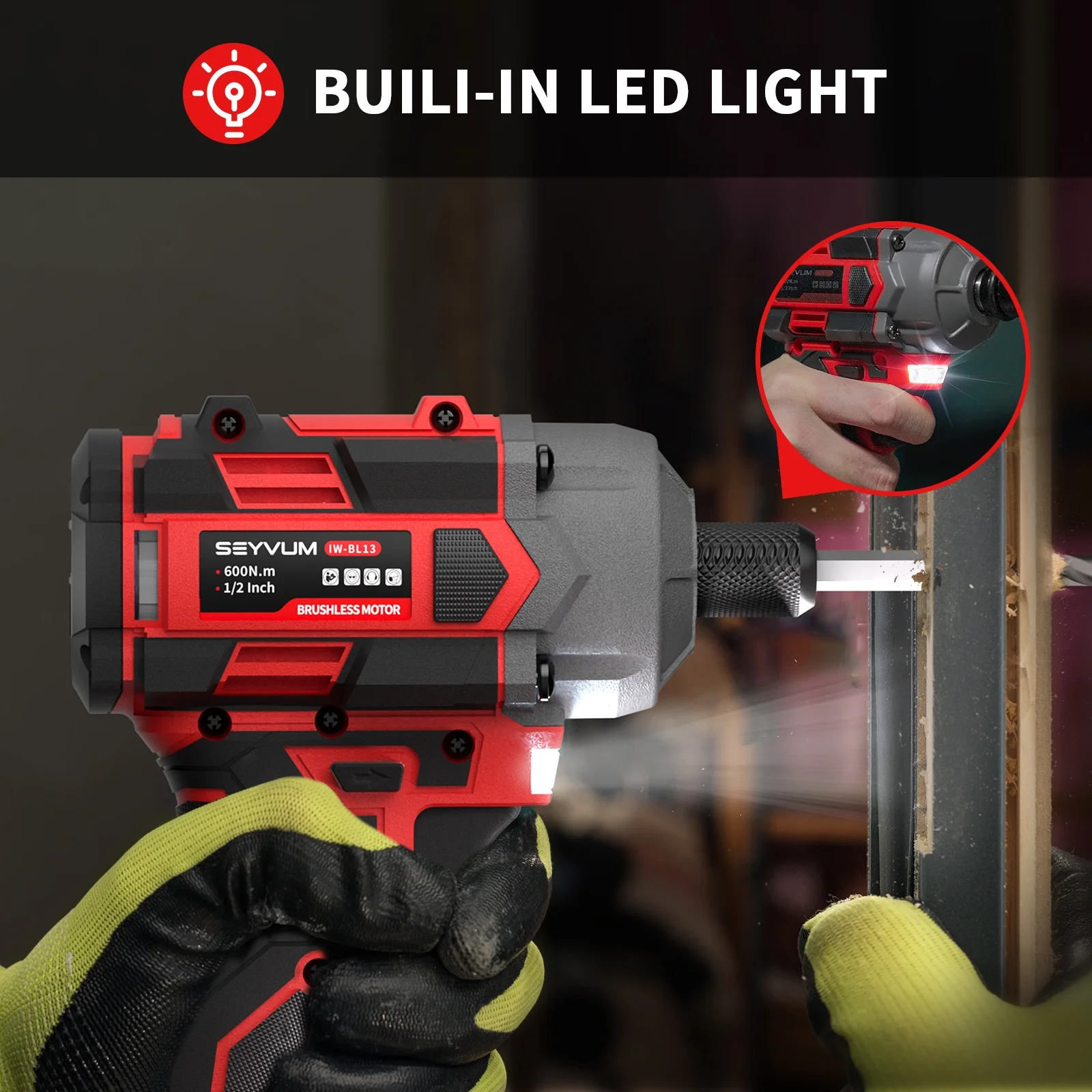 Cordless Impact Wrench, 1/2" Impact Gun, Max Torque 440 Ft-lbs (600 N.m) Heavy Duty Cordless Impact Driver, 3500 RPM Electric Impact Drill, 20V Brushless, 2x4.0Ah Li-ion Battery, 4Pcs Impact Sockets - Image 7