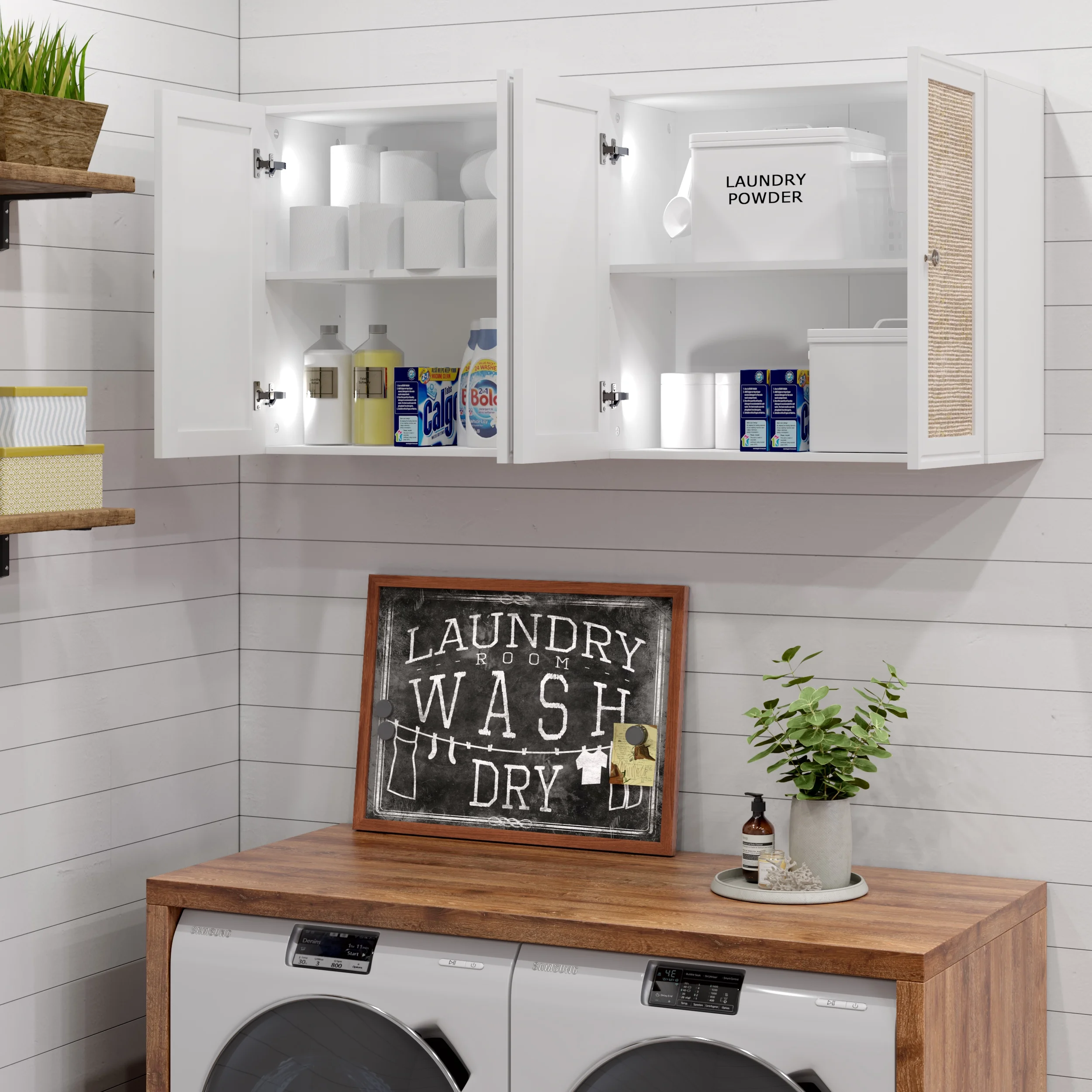 POLIHOME Wall Cabinet Storage-Rattan Laundry Cabinet,Wall Mounted Cabinet with Adjustable Shelves, 24INCH X 2PCS-White - Image 4