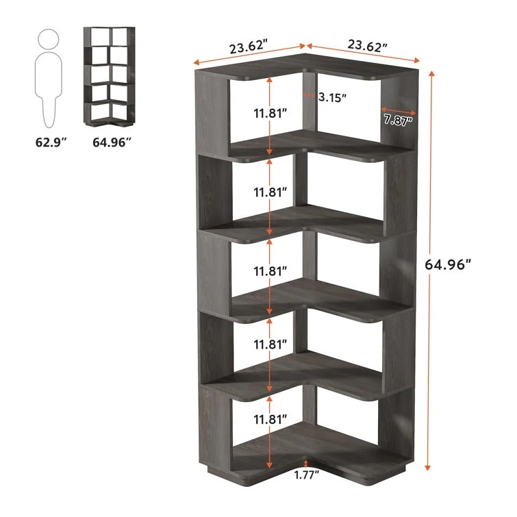 64.9 Inch Tall 6-Tier Corner Bookshelf, Freestanding Wood Industrial Bookcase - Image 9