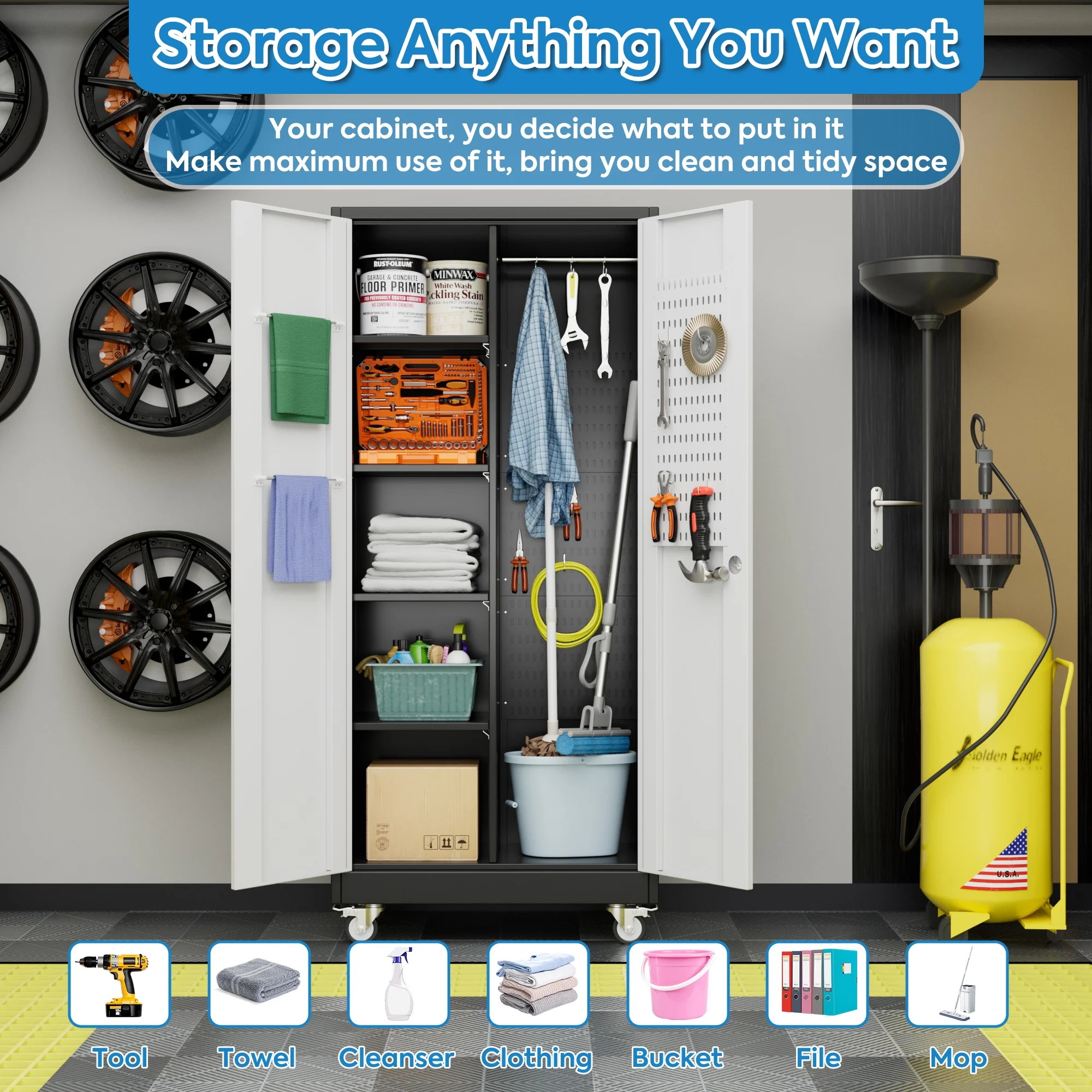 GangMei 71 Inches Tall Metal Garage Storage Cabinets with 5 Adjustable Shelves & Pegboards, Lockable Steel Black Storage Cabinet with Doors for Office, Home, School, Shops, Garage, Assembly required - Image 82