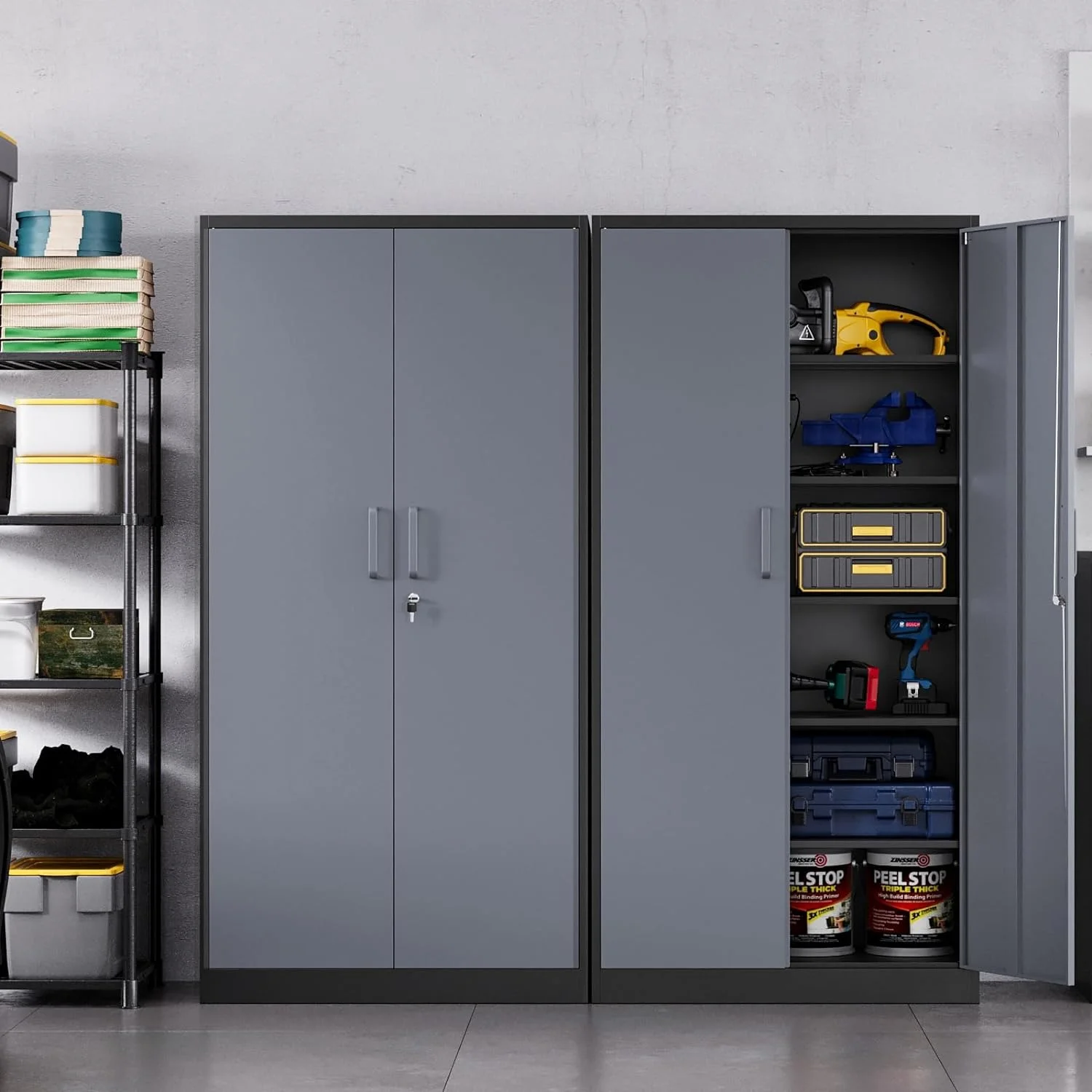 MIIIKO Metal Storage Cabinet with Locking Doors, Black Garage Lockable Steel Cabinets with 4 Doors and 5 Shelves for Home, Garage, Pantry Workshop Warehouse - Image 43