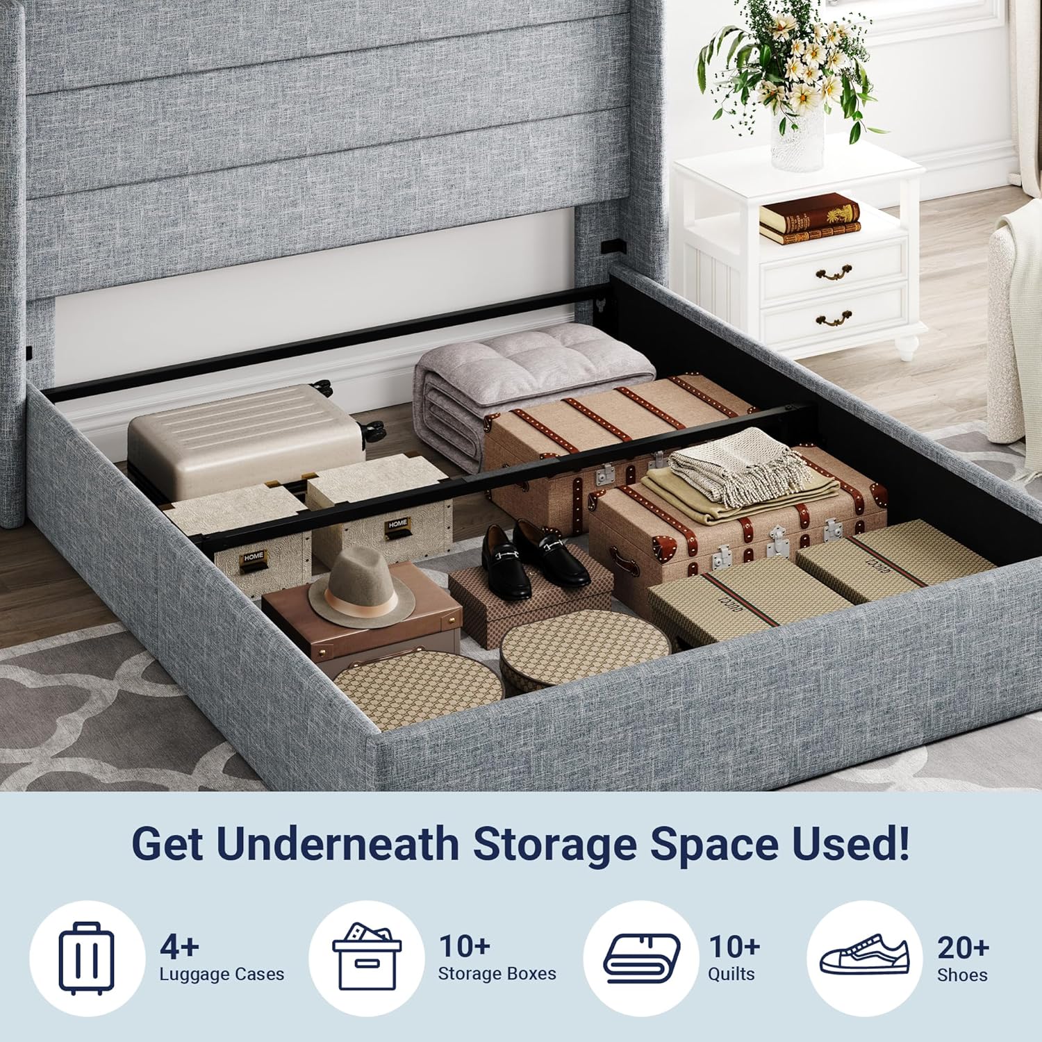 Queen Size Lift Up Storage Bed with Wingback Headboard, Upholstered Platform Bed Frame with Hidden Storage - Image 171