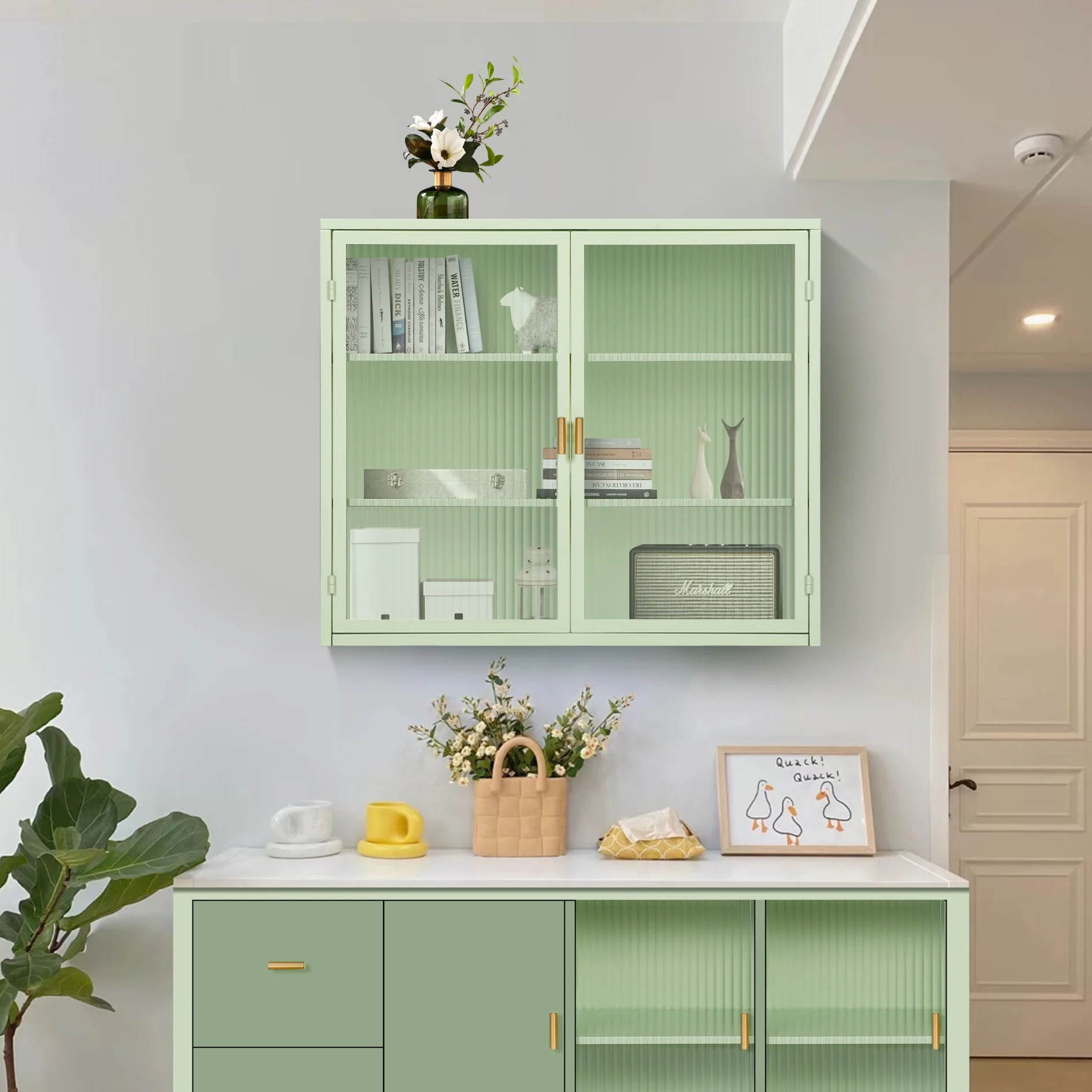 Two-door Wall Cabinet, Modern Kitchen Wall Mounted Cabinet with 2 Glass Doors, Two-tier Enclosed Storage, an Open Shelf, Towel Rack, Metal Wall Cabinet for Entryway, Living Room, Bathroom, White - Image 25
