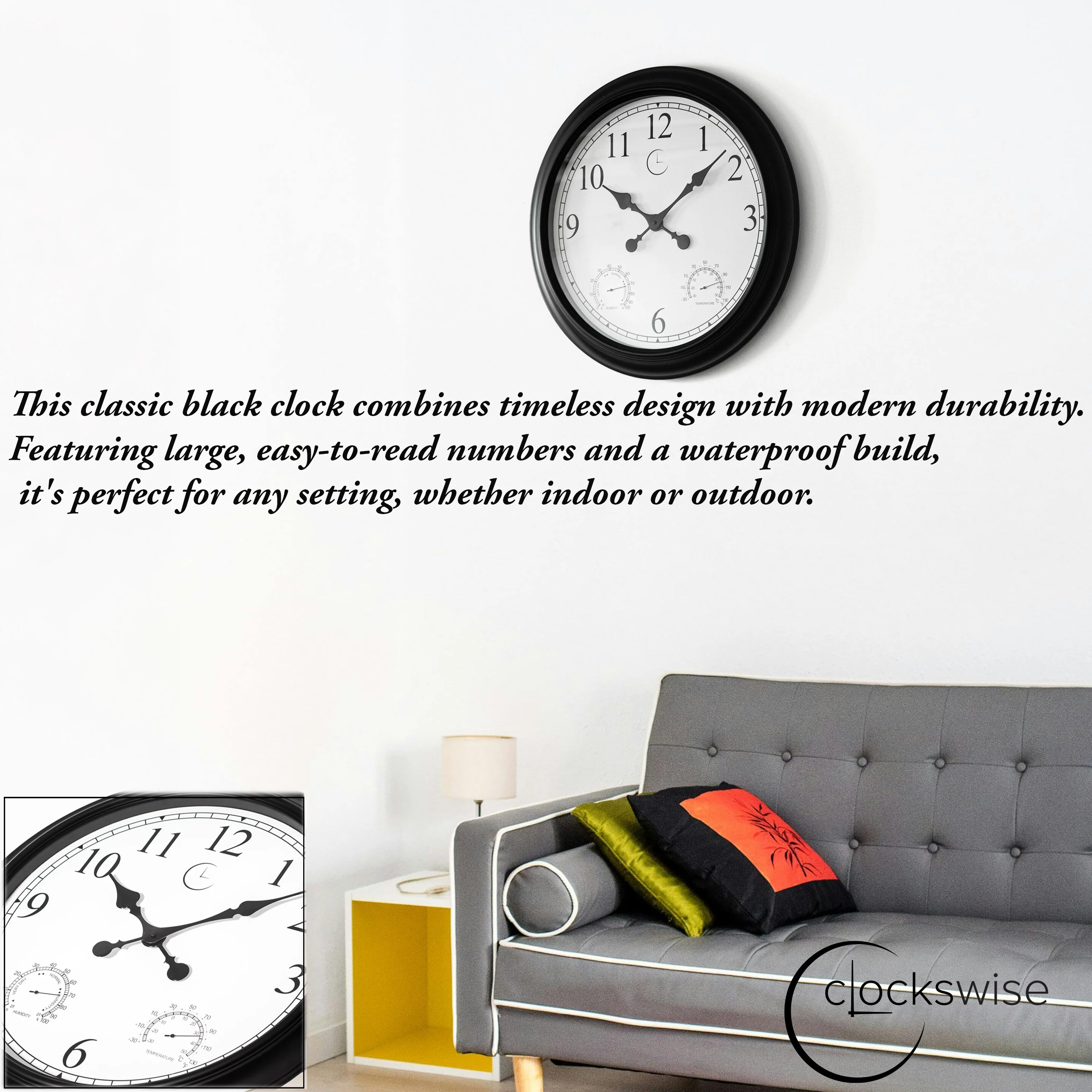 Large Outdoor Wall Clock with Thermometer, Waterproof Silent Garden Weather Station, Black - Image 24