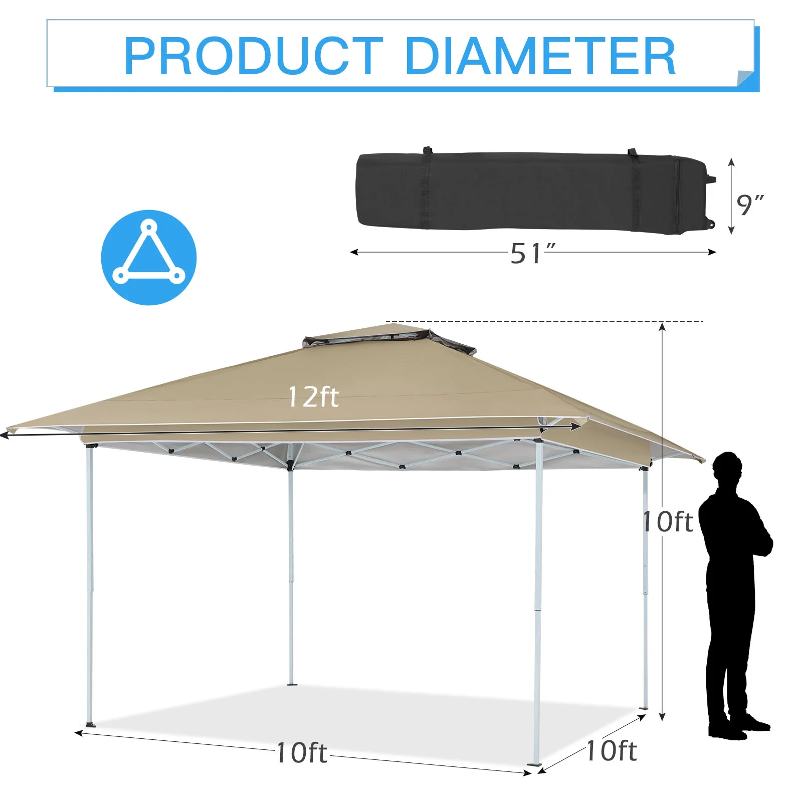 AVAWING 12x12 ft Outdoor Pop-up Canopy Party Tent Easy Setup Patio Wedding Tent, Khaki - Image 10