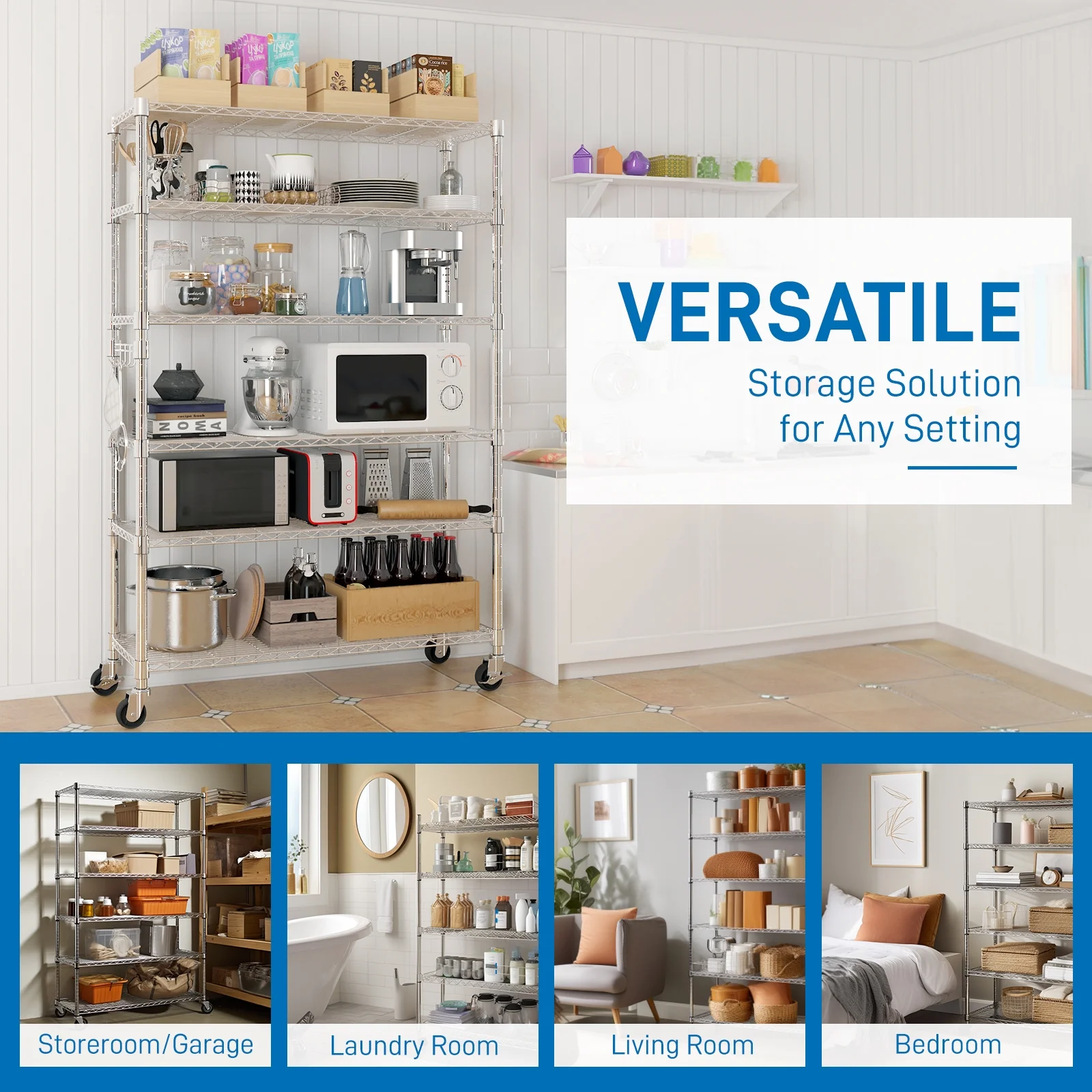 HiiKaa UltraDurable Heavy Duty NSF Solid Steel Wire Rack Storage Unit with Wheels,6-Tier Shelving for Kitchen,Storage Room,Silvery - Image 6