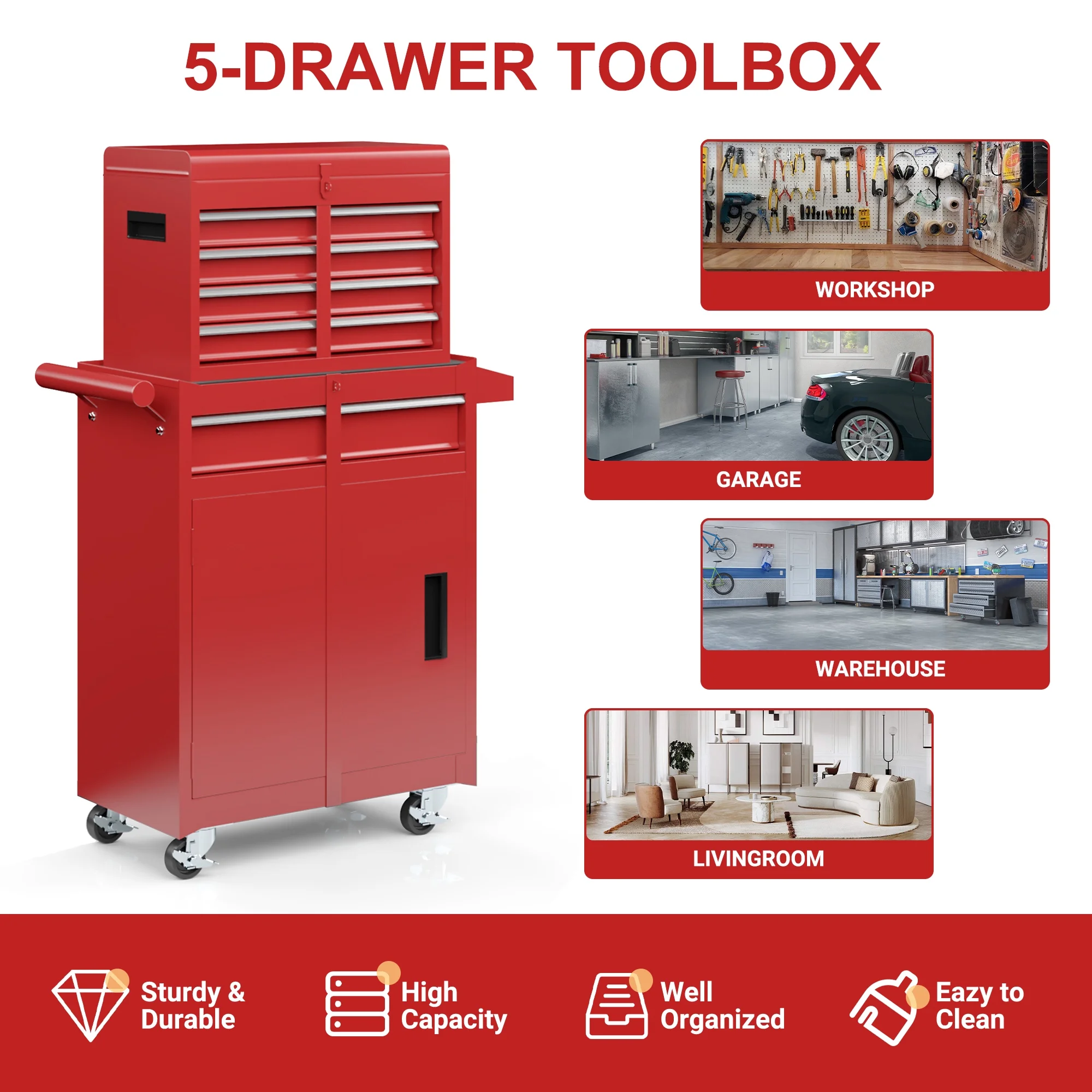 MUCHANT 5-Drawer Rolling Tool Chest, 2-in-1 Tool Box& Cabinet with Wheels, Drawers and Removable Top Tool Box for Garage, Warehouse, Workshop, Repair Shop, Black - Image 16