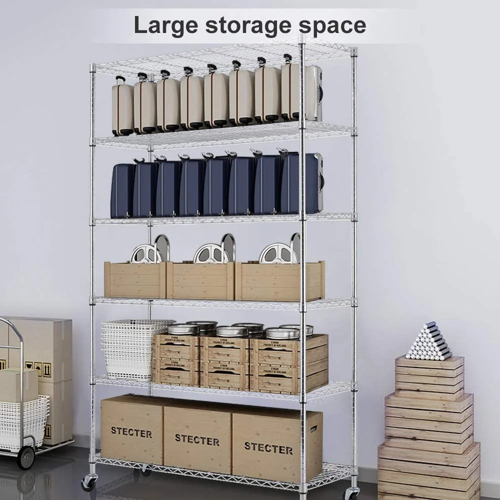 6 Tier Layer Wire Shelving Unit Heavy Duty Adjustable Storage Shelves with Wheels Easy to Assemble Metal Wire Shelf Standing Garage Shelves Multifunctional Storage Rack Grade Utility Shelf Rack - Image 4