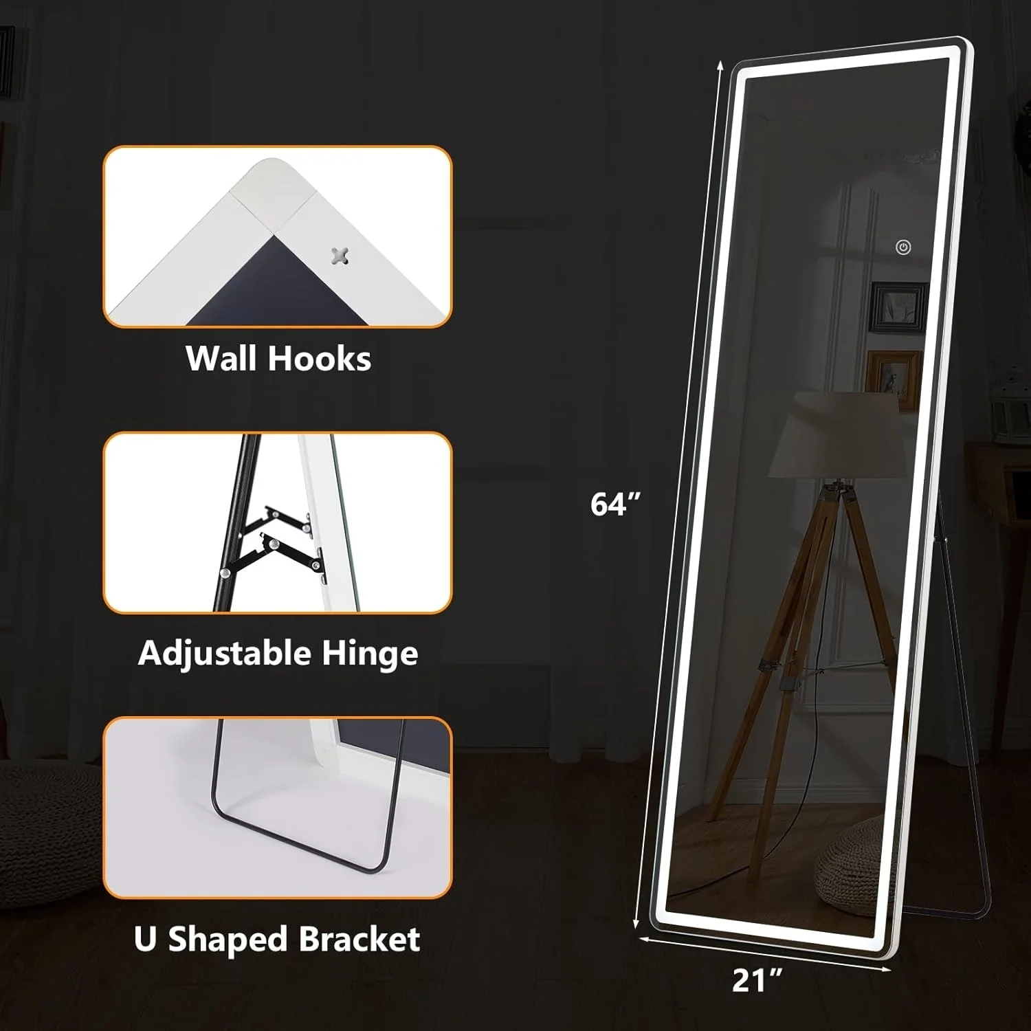 64 x 21 Inch Full Length LED Floor Mirror with Stand, Full Body Wall Mounted Mirror - Image 13