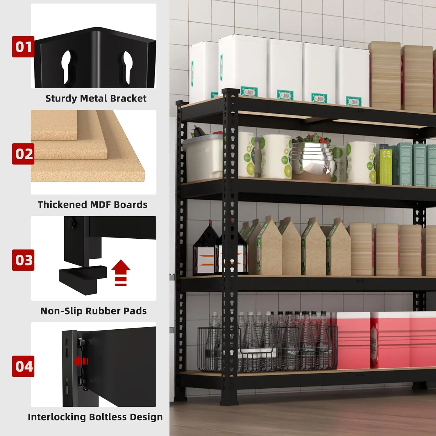 36" W x 16" D x 55" H Adjustable Garage Storage Shelves - 4-Shelf Heavy Duty Shelving Unit, Metal Utility Storage Organizer Racks for Warehouse Pantry Closet Kitchen, Black - Image 5