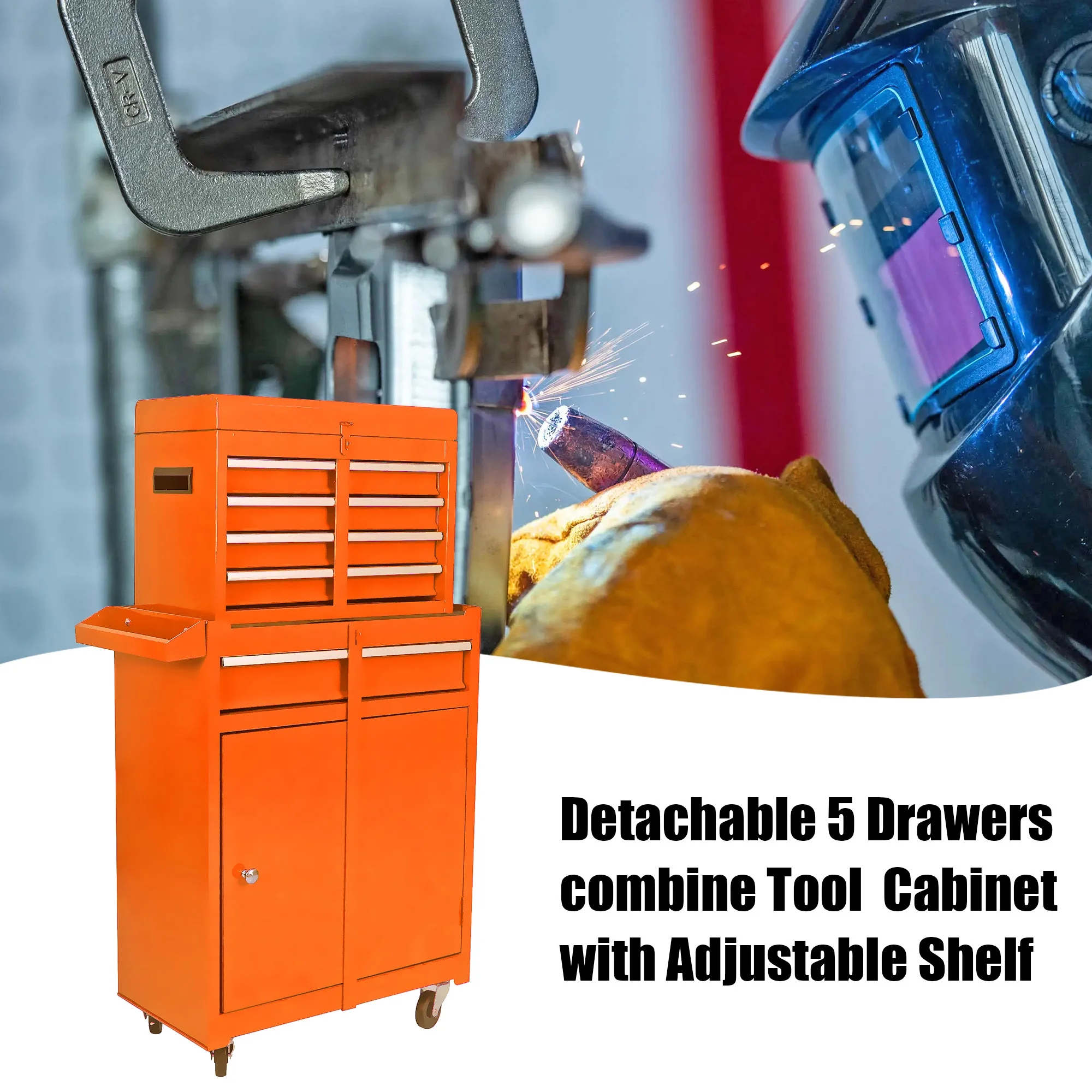 5-Drawer Rolling Tool Chest & Removable Tool Box with Locking System, Tool Box Organizer with 4 Wheels&Hooks, Large Capacity Garage Storage Cabinet for Warehouse and Repair Shop, Orange - Image 4