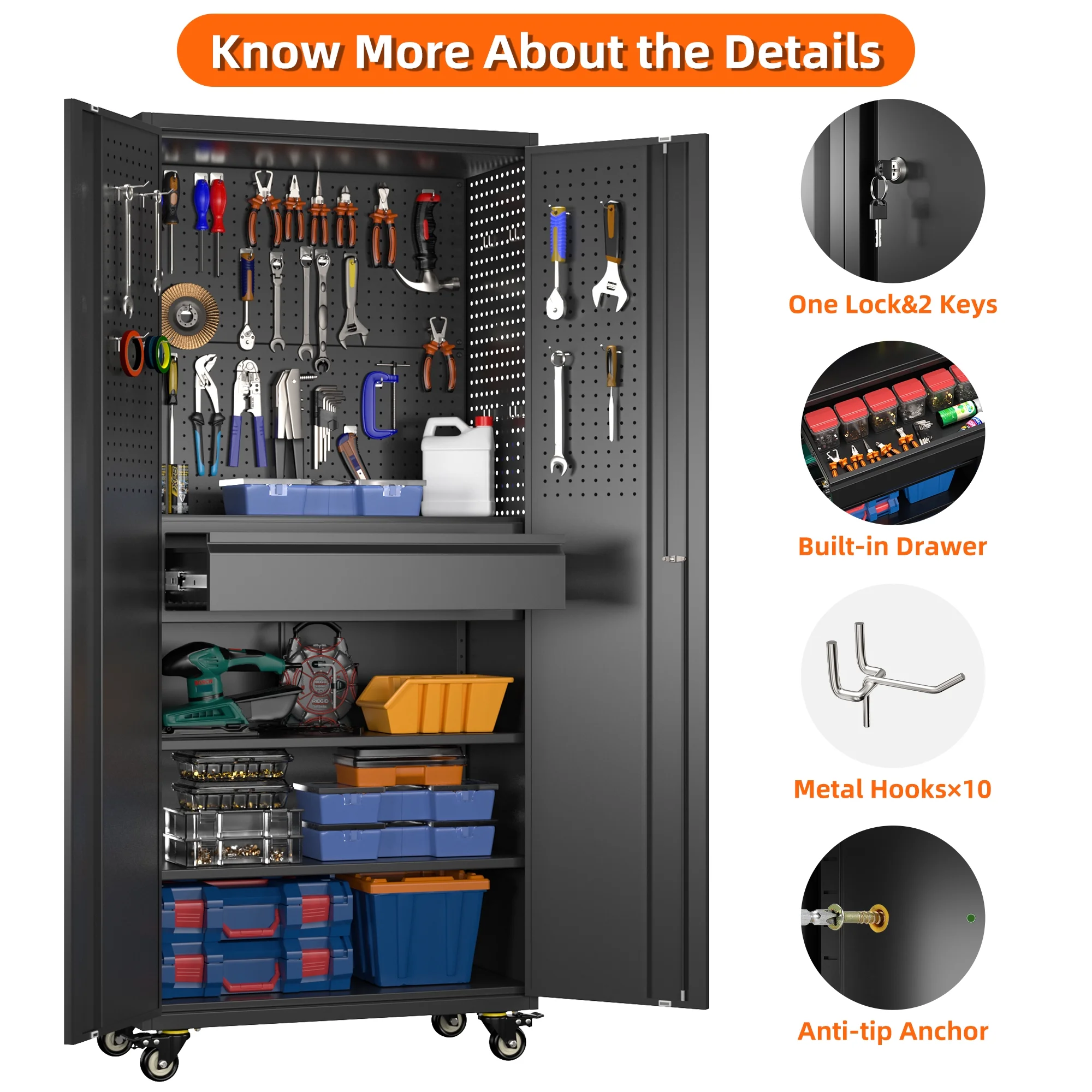 Aobabo Metal Storage Cabinet with Lock,Garage Storage Cabinet with Wheels,72In Steel Storage Cabinet for Garage Home Storage, Black Required-Assembly - Image 143