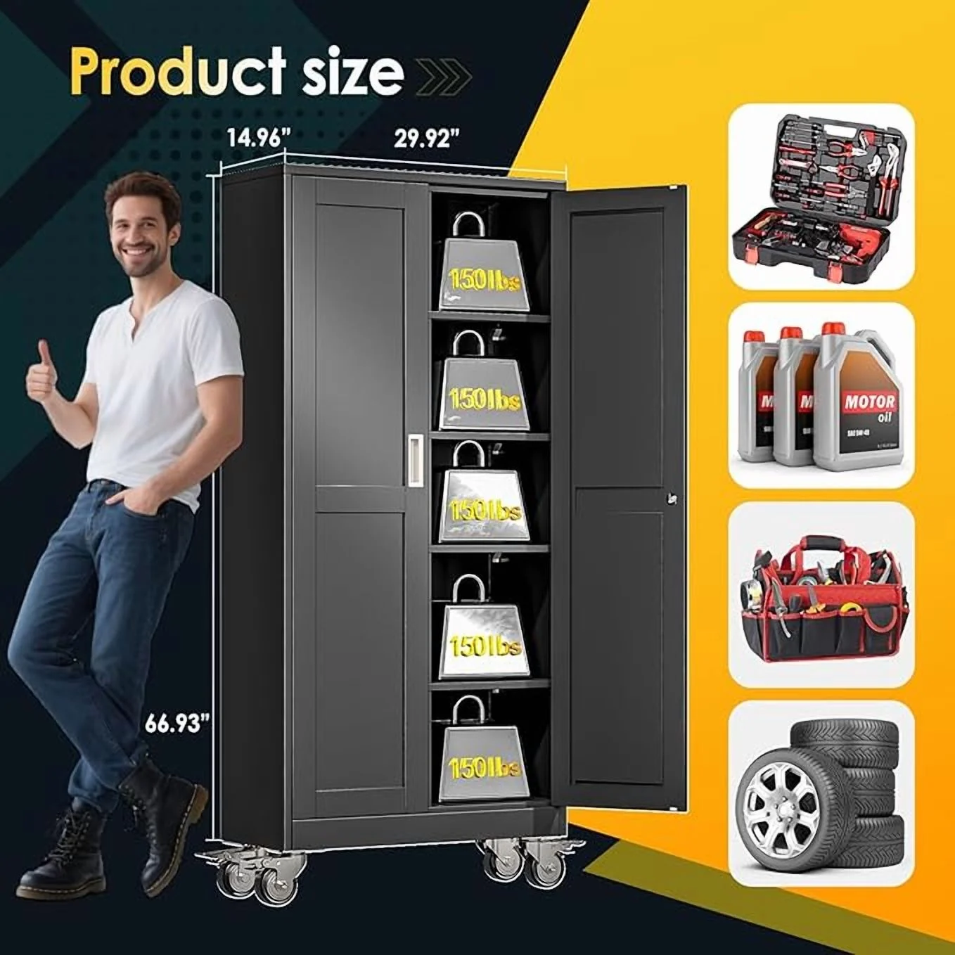 Erosoei 75"H Metal Garage Storage Cabinet with Wheels, Tool Storage Cabinet with 5 Adjustable Shelves - Image 8