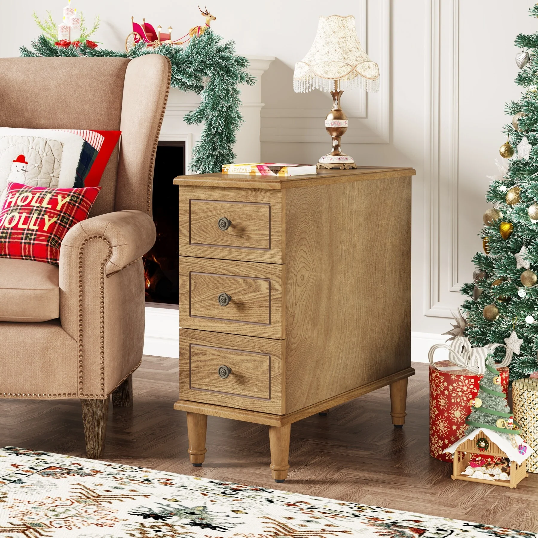 Fully Assembled Narrow End Table, Solid Wood Side Table with 3 Drawers, Vintage Nightstand for Small Spaces - Image 10