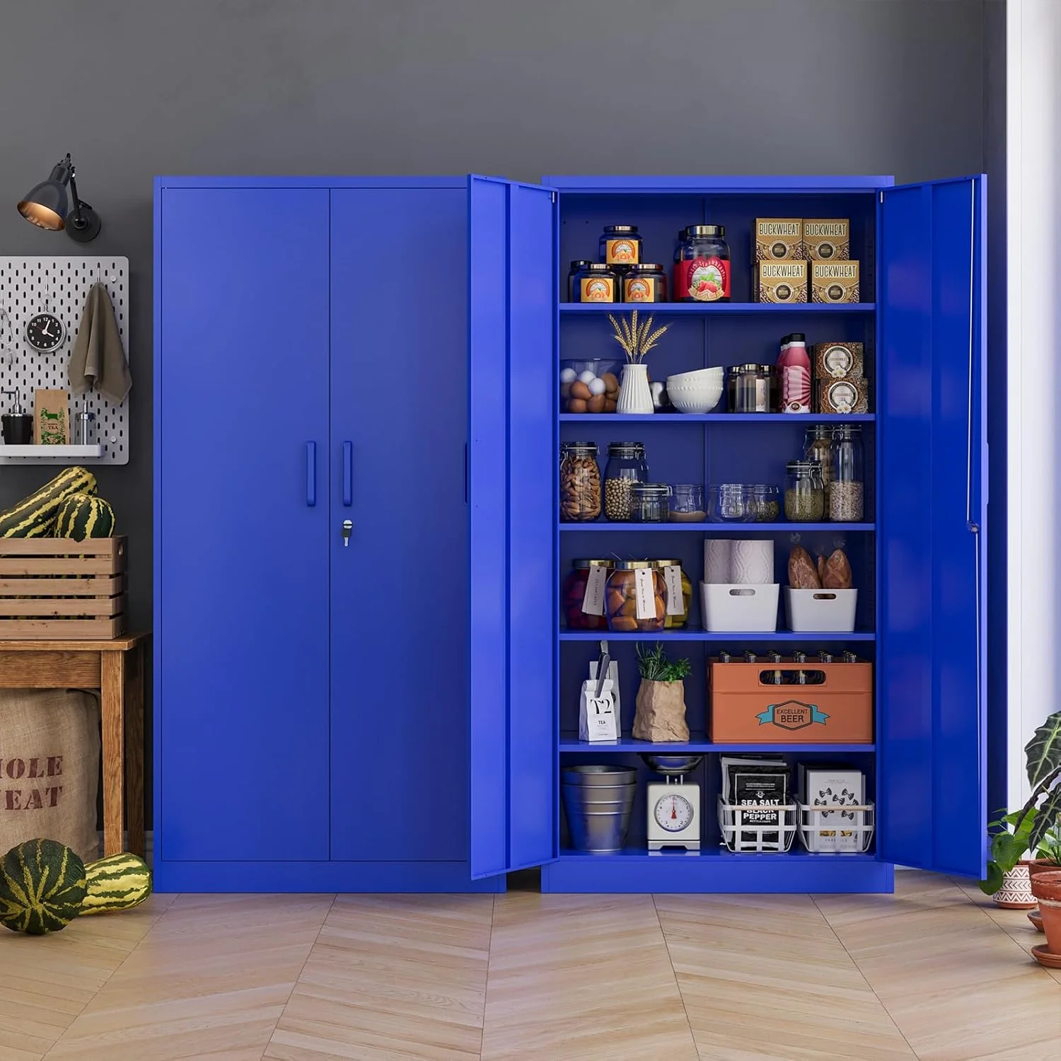 MIIIKO Metal Storage Cabinet with Locking Doors, Black Garage Lockable Steel Cabinets with 4 Doors and 5 Shelves for Home, Garage, Pantry Workshop Warehouse - Image 47
