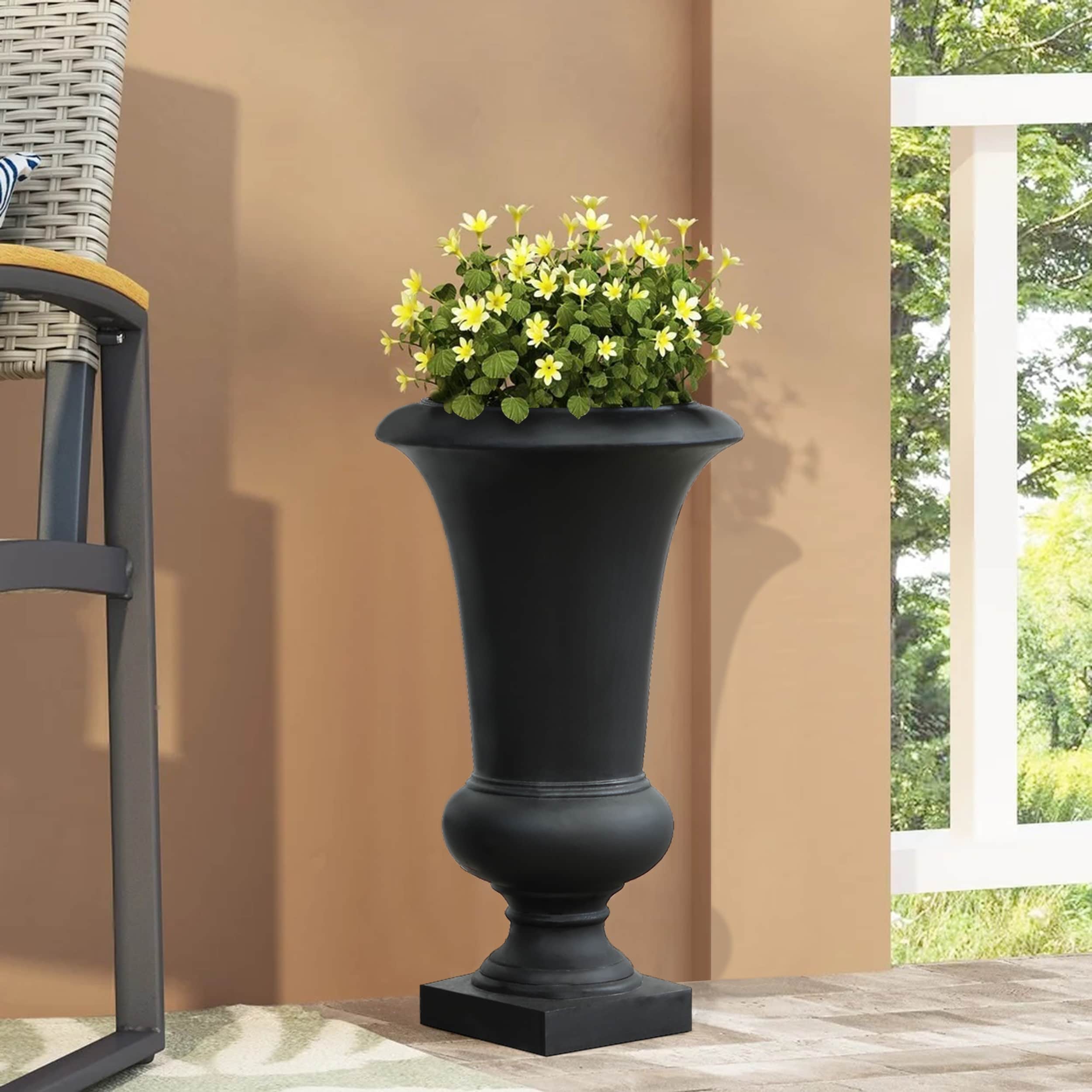 22.75" Tall Handmade Fiber Stone Urn Planter Pot, Decorative Outdoor Garden Flower Container for Patio and Home - Image 2