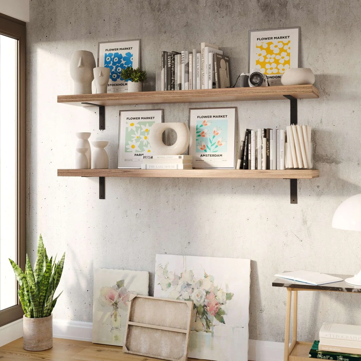 60 Inch Rustic Floating Wall Shelves, 2 Piece Burnt Wood Display and Storage Shelves - Image 3