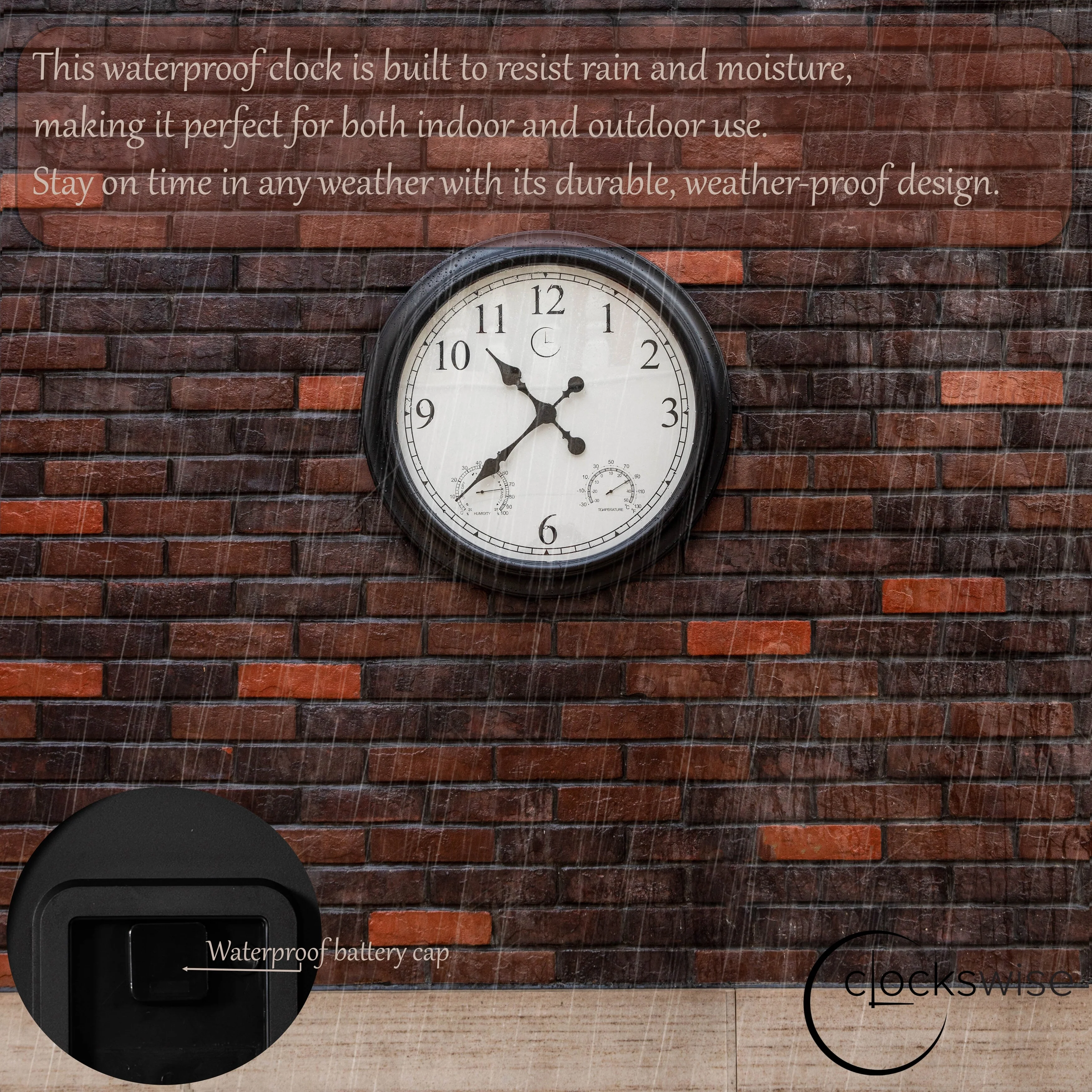 Large Outdoor Wall Clock with Thermometer, Waterproof Silent Garden Weather Station, Black - Image 22